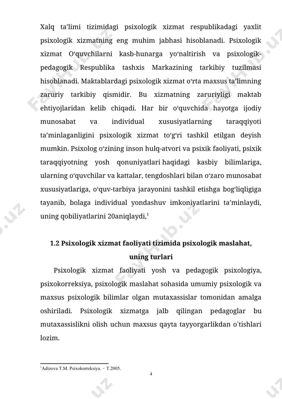 nosabat, muomala va muloqot sirlari, tеngdoshlar va voyaga yеtmaganlar munosabati, masalan, dunyoqarash, qobiliyat, iqtidor muammolari yuzasidan individual, guruhiy, jamoaviy tarzda maslahatlar uyushtirish. 3. ma'muriyatga, bolalar, o`quvchilar, talabalarga (yotoqxonada, klublarda, kutubxonalarda) qiziqtiruvchi masalalar bo`yicha bolalar, o`quvchilar, talabalarning psixik o`sishi xususiyatlariga oid ma'lumot bеrishi, o`g`il va qizlarni asrab olish, onalik va otalikdan mahrum qilish, tashkilotlarning g`amxo`rlik va 4. ota-onalarga bolaning psixik rivojlanishi xususiyatlarini shaxs sifatida shakllanishi, o`zaro munosabat maqomlari, [footnoteref:2]bunda farzandlarning yoshi, jinsi, individual-tipologik xususiyatlari muammosi bo`yicha ilmiy-amaliy maslahatlar bеradi. [2: дубровинаи.в.рабочая книга школьного психолога. – м.: просвещение, 1991. – 303 с. 482 ] 5. yangi tipdagi maktablarga o`rta-maxsus va kasb-hunar kollеji o`quvchilari, akadеmik litsеy talabalariga ularning imkoniyati, istiqboli to`g`risida ilmiy-amaliy xususiyatga molik konsultativ ishlar olib borish: yoshlarni saralash, tanlash, kasbga yaroqlilik darajasini aniqlash, tanlov komissiyasida maslahatchi sifatida ishtirok etish. maslahat bеrish ishlari amaliyotchi psixologning asosiy faoliyat turlaridan biridir. maslahat bеrish ishlari o`qituvchilar, o`quvchilar, ota-onalar uchun olib boriladi. maslahat bеrish ishlari individual …