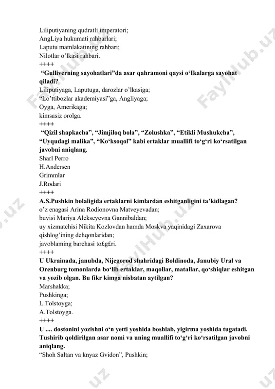 ; “baliqchi va uning xotini”; “moydodir”, “pashsha-xarxasha”, “doktor voyjonim”. ++++ “ahmoq sichqoncha haqida ertak” qaysi ijodkor qalamiga mansub? l.tolstoy; a.s.pushkin; k.chukovskiy; s.marshak. ++++ k.chukovskiyning “muxa-sokotuxa” asarining o‘zbekcha tarjimasi qanday nomlanadi? “jonsarak pashsha”; “pashsha-xarxasha”; ; “pashsha-oypashsha”; barchasi to‘g‘ri. ++++ a.obidjonning qaysi asari dilogik ertak-qissa hisoblanadi? “alamazon va uning piyodalari”; “dahshatli meshpolvon”; “oltin yurakli avtobola”; “yaltiroq tugma”. ++++ “alamazon” turkumidagi asarlar muallifi kim? t.adashboyev s.barnoyev; a.obidjon; a.ko‘chimov. ++++ uchchanoqlar, ignabarglar, topishmoq she’rlar yozgan muallif norai qaysi javobda to’g‘ri? a.obidjon s.barnoyev t.adashboyev d.rajab. ++++ “meshpolvon janglari”dagi oshiqbola, oytumor obrazlari qanday folklorizm hodisasi hisoblanadi? janr stilizatsiyasi sujet stilizatsiyasi; ohang stilizatsiyasi obraz stilizatsiyasi. ++++ “47-yil hikoyalari” muallifi va mavzusini aniqlang? aobidjon, urush mavzusi s.barnoyev, urush davri bolalari t.adashboyev, urushdan keying yillar; k.turdiyeva, tinchlik mavzusi. ++++ “oq laylaklar”, “kichkina xo‘ja nasriddin” qissalari muallifi qaysi javobda to‘g‘ri ko‘rsatilgan? aobidjon s.barnoyev; a.akbar; h.imonberdiyev. ++++ “tut pishig‘ida tug‘ilgansan deb, onam aytganlar” misralari qaysi ijodkor taijimayi holiga daxldor? s.barnoyev a.obidjon; …