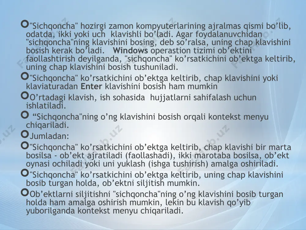 oynasida kompyuter bilan ishlash jarayonida yo’qotilgan (o’chirilgan) barcha ob’ektlar (papkalar, fayllar va yorliqlar) saqlanadi. papkaning sig’imi qattiq diskning o’lchamiga bog’liq bo’ladi. bu papkaning o’ng tomonida zadachi dlya korzinы nomli maydonida ochistit korzinы va vosstanovit vse ob’ektы buyruqlari joylashtirilgan. ochistit korzinы buyrug’i berilsa korzinadagi barcha ob’ektlar- papkalar, fayllar va yorliqlar yo’qotiladi. korzina tozalanadi. vosstanovit vse ob’ektы buyrug’i bilan o’chirilgan ob’ektlar joy-joyiga qayta tiklanadi. vosstanovit ob’ekt buyrug’i. agar papkadagi birorta o’bektni qayta joyiga tiklash zaruriyati tug’ilganda, uni faollashtirish talab qilinadi. tiklash "sichqoncha" o’ng klavishini bosib chiqariladigan kontekst menyudan vosstanovit yoki oynadagi vosstanovit ob’ekt buyrug’i bilan amalga oshiriladi. korzina papkasini sozlash uchun uning oynadagi nishonchasi faollashtirilib, kontekst menyudan buyruqlar ro’yxatidan svoystva tanlanadi va svoystva korzina oynasi chiqariladi. bu oynada foydalanuvchi tomonidan kerakli parametrlar o’rnatiladi.  masalalar paneli masalalar paneli – qoidaga ko’ra monitorning quyi qismida joylashadigan maxsus panel hisoblanib u o’zida pusk tugmasi, dasturlar yorliqlari, ochilgan dastur oynalarining nomlari va ob’ektlarni saqlaydi.  …
