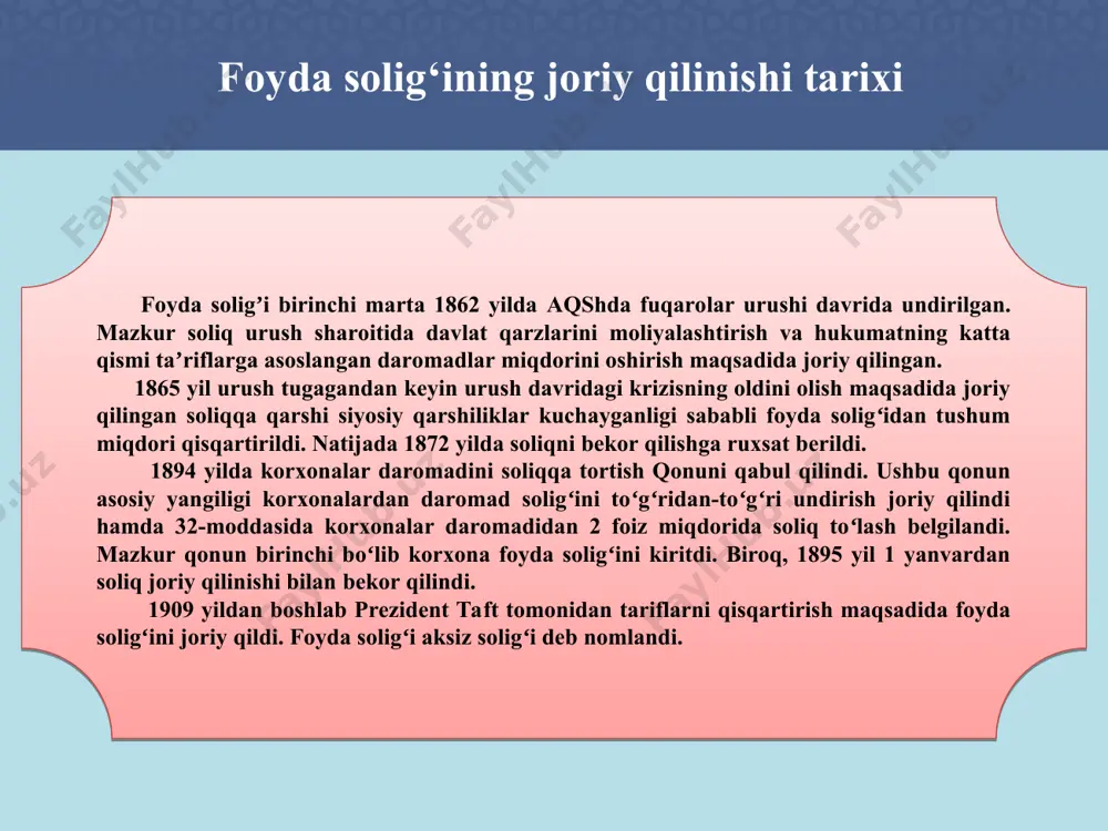 -2006 yillar yuridik shaxslardan olinadigan daromad (foyda) soligʻi iv - bosqich 2007-2017 yillar yuridik shaxslardan olinadigan foyda soligʻi v - bosqich 2018 yildan foyda soligʻi foyda solig‘ining joriy qilinishi, iqtisodiy mohiyati va ahamiyati iqtisodiy mohiyatiga ko’ra foyda solig‘i to’g’ri soliqlar tarkibiga kirib, u davlat byudjeti daromadlarini shakllantirishda asosiy manbalardan biri hisoblanadi. davlat byudjeti daromadlaridagi salmog‘i 2004-yilda 7,0 foizni tashkil etgani holda, 2006-yilda 5,4 foizni, 2018-yilda esa 4 foizni tashkil etgan, ya’ni tahlil etilgan 15 yil davomida ushbu ko‘rsatkich 2,2 barobarga kamaygan. bu holat yuridik shaxslardan olinadigan foyda solig‘i stavkalarining mazkur yillarda pasayib borganligi bilan izohlanadi. biroq, 2019-yilda foyda solig’ining salmog’i 11,6 foizli bandga ortgan va 15,6 foizni tashkil etgan. bunday o’sish foyda solig’i to’lovchilarining keskin ortishi bilan izohlanadi. foyda solig‘ining joriy qilinishi, iqtisodiy mohiyati va ahamiyati 2023 yil uchun o‘zbekiston respublikasi davlat budjeti daromadlari prognozi* *ўзбекистон республикаси президентининг 2022 йил 30 декабрдаги пқ-471-сон қарорига 3-илова. mlrd so‘m т/р ko‘rsatkichlar summa …