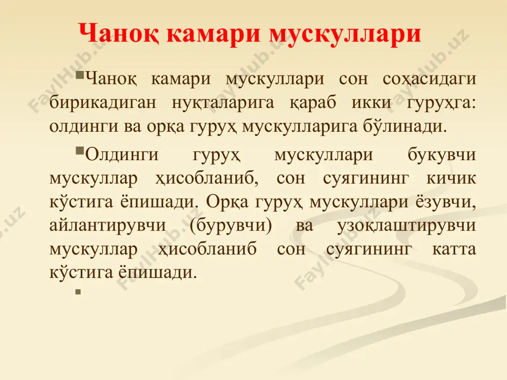 8 – qo’ymich teshigi 2 4 5 6 7 8 чаноқ камари соҳасининг орқа гуруҳ мускуллари. m.gluteus minimus думбанинг кичик мускули, ёнбош суягининг ташқи юзасидан бошланиб, сон суяги катта кўстининг олд юзасига ёпишади. вазифаси: думбанинг ўрта мускули вазифаси билан бир хил. m.piriformis ноксимон мускул, думғазанинг чаноқ юзасидан бошланиб, чаноқ бўшлиғидан foramen ischiadicum majus орқали чиқади ва сон суягининг катта кўстига ёпишади. вазифаси: сонни супинация қилади, қисман узоқлаштиради. маҳкамланган оёқда чаноқни ўз томонига эгади. m.obturatorius internus ички ёпқич мускул, foramen et membrane obturatoria нинг ички, юзасидан бошланиб, foramen ischiadicum minus орқали ташқарига чиқиб, сон суягидаги fossa trochanterica га ёпишади. ички ёпқич мускул пайининг икки четида иккита мускул тутамлари бўлиб, улар эгзак мускуллар – mm. gemelli дейилади. уларнинг юқориси m.gemellus superior, spina ischiadica дан пасткиси қуймич дўмбоғидан бошланади.бу икки мускул ёпқич мускули пайи билан бирга fossa trochanterica га ёпишади. вазифаси: сонни ташқарига бурайди. m.guadratus femoris соннинг квадрат мускули, толалари қуймич дўмбоғидан сон …