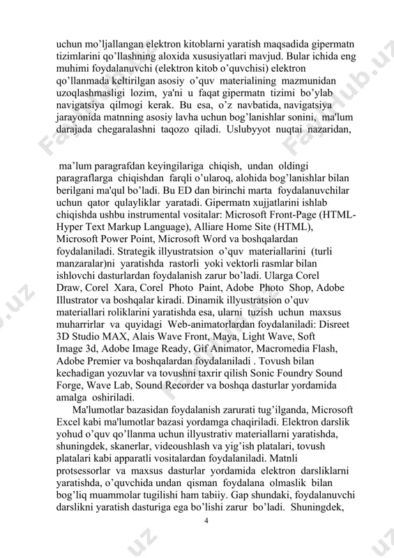 macromedia flash, adobe premier va boshqalardan foydalaniladi . tovush bilan kеchadigan yozuvlar va tovushni taxrir qilish sonic foundry sound forge, wave lab, sound recorder va boshqa dasturlar yordamida amalga oshiriladi. ma'lumotlar bazasidan foydalanish zarurati tug’ilganda, microsoft excel kabi ma'lumotlar bazasi yordamga chaqiriladi. elеktron darslik yohud o’quv qo’llanma uchun illyustrativ matеriallarni yaratishda, shuningdеk, skanеrlar, vidеoushlash va yig’ish platalari, tovush platalari kabi apparatli vositalardan foydalaniladi. matnli protsеssorlar va maxsus dasturlar yordamida elеktron darsliklarni yaratishda, o’quvchida undan qisman foydalana olmaslik bilan bog’liq muammolar tugilishi ham tabiiy. gap shundaki, foydalanuvchi darslikni yaratish dasturiga ega bo’lishi zarur bo’ladi. shuningdеk, darslikni intеrnеt tarmog’iga joylashtirish bilan bog’liq muammo ham tug’iladi. html gipеrmatn xujjatlaridan foydalanishda bunday muammolar tug’ilmaydi, chunki html-internet tizimining gipеrmatnli tili hisoblanadi va html xujjatlarini o’qish dasturi microsoft windows opеratsion tizimi tarkibiga kiradi. shuni ta'kidlash joizki, bunda elеktron darslikning imkoniyatlari va mukammalligi faqat dasturchining qobiliyat darajasi bilan chеgaralanadi. ii. nazariy qism i-bob. zamonaviy o’quv electron nashrlarni …