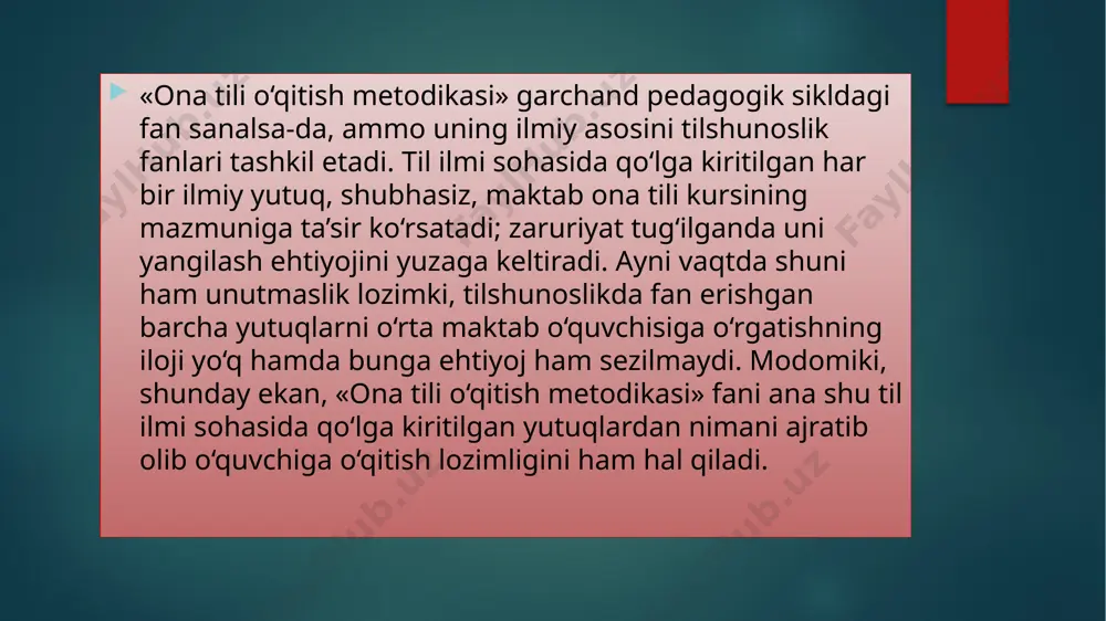 a o‘qish savodxonligi darslarini loyihalashtirish va tashkil etish, ona tili ta’limi mazmuni, bu fanlarni o‘qitishda uning qismlari, boblariga xos xususiyatlarini taxlil qila olish, ona tili ta’limida an’anaviy va noan’anaviy dars shakllarini qo‘llash, o‘quvchilar o‘quv biluv faoliyatini faollashtirishga qaratilgan dars usullarni bilishi va ulardan foydalana olish (ko‘nikma); o‘quv ishlarini loyihalashtirish; darsdan tashqari mashg’ulotlarni aniq va maqsadli tashkil eta olish; o‘z shaxsiy va kasbiy axborot maydonini loyihalashtirish ko‘nikmalariga ega bo‘lishi (malaka) kerak. fanda turli mavzulardan ham foydalaniladi.masalan: til-ijtimoiy hodisa. fonetika, fonologiya bo’limlari. fonetika fonologiya va grafika asoslarini o‘rgatish usuliyati bilan tanishish. tovush, harf, bo`g`inlarga ajratib o`qish ko`nikma va malakani hosil qilish usullarini o`rganish. grafika, orfografiya va orfoepiya. grafika haqida umumiy ma’lumot. grafemalar va ularning turlari. orgografiya va orfoepiya haqida umumiy ma’lumot. orfografik tamoyillar haqida ma’lumot. leksikologiya, uning obyekti. so’z ma’nosi. leksikologiya bo’limi haqida ma’lumot. so’z va leksema munosabati. leksemaning ifoda va ma’no munosabati. lug’aviy ma’no va uning tarkibiy qismlari. bir ma’nolilik va …