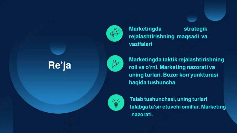 asi: muayyan segmentlarni qamrab oladigan, aniqlaydigan va yo‘naltirilgan marketing kampaniyalarini ishlab chiqish. marketing strategiyasi va marketing rejasi o'rtasidagi farqni tushunishni osonlashtirish uchun siz quyidagi diagrammani ko'rishingiz mumkin: marketing strategiyasi -> marketing rejasi -> amalga oshirish = muvaffaqiyat batafsil ma'lumot olish uchun siz marketing rejangizning tarkibiy qismlarini batafsil bayon qilishingiz mumkin. quyida marketing rejangizda ko'rsatilishi mumkin bo'lgan tafsilotlarga misol keltirilgan: – ijroiya xulosasi – marketing rejangizning qisqacha mazmuni. - sizning vazifangiz sotiladigan mahsulot/xizmat haqida qisqacha tushuntirish va marketing strategiyangizda belgilangan maqsadlarning qisqacha mazmunini taqdim etishdir. - aniq bo'ling - aniq harakatlar rejalarini amalga oshirish osonroq. - vaziyatni tahlil qilish. ushbu bo'lim maqsadlar, e'tibor, madaniyat, kuchli tomonlar, zaif tomonlar va bozor ulushi kabi narsalarni belgilaydi. – mijozlaringizni tahlil qiling – qancha mijoz olishni xohlaysiz? siz qanday turdagi mijozsiz? qaysi narsalar ularning e'tiborini jalb qilishi mumkin? qanday qilib ular xarid qilishga qaror qilishadi? mijozlarga qanday e'tibor qaratishni xohlaysiz? - raqobatchilaringizni tahlil qiling. - …