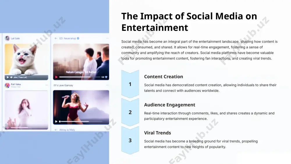 anding of entertainment. 3 digital wellness creating a balanced digital lifestyle by limiting distractions and promoting healthy interactions with technology is essential for well-being. 9 conclusion: embracing the transformative power of entertainment entertainment has the power to entertain, educate, inspire, and connect us. it can transport us to different worlds, introduce us to new ideas, and foster a sense of community. as technology continues to evolve, the future of entertainment holds even greater potential. by embracing the transformative power of entertainment responsibly, we can ensure that it continues to enrich our lives and inspire future generations. 10 image1.png image2.png image3.png image4.png image5.png image6.png image7.png image8.png image9.png image10.png image11.png image12.png image13.png image14.png