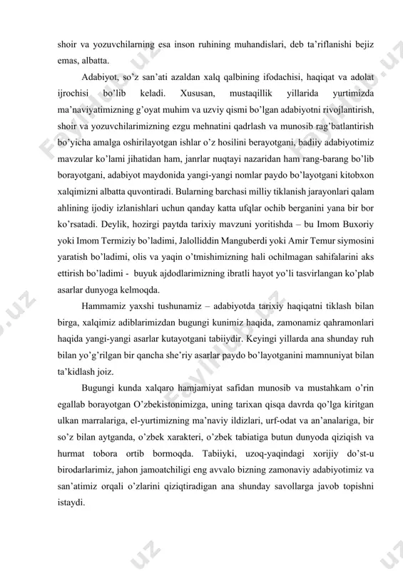 ruh bilan yo’g’rilgan bir qancha she’riy asarlar paydo bo’layotganini mamnuniyat bilan ta’kidlash joiz. bugungi kunda xalqaro hamjamiyat safidan munosib va mustahkam o’rin egallab borayotgan o’zbekistonimizga, uning tarixan qisqa davrda qo’lga kiritgan ulkan marralariga, el-yurtimizning ma’naviy ildizlari, urf-odat va an’analariga, bir so’z bilan aytganda, o’zbek xarakteri, o’zbek tabiatiga butun dunyoda qiziqish va hurmat tobora ortib bormoqda. tabiiyki, uzoq-yaqindagi xorijiy do’st-u birodarlarimiz, jahon jamoatchiligi eng avvalo bizning zamonaviy adabiyotimiz va san’atimiz orqali o’zlarini qiziqtiradigan ana shunday savollarga javob topishni istaydi. yoshlar hayotida kuzatilayotgan ko‘pgina muammolar, xususan, oilaviy ajrashishlar, o‘spirinlar va hatto 25-30 yoshli yigit-qizlar orasida uchrayotgan axloqsizliklar sababi mushohada qilinsa, ularning zamirida milliy va diniy qadriyatlarimizdan bexabarlik, ilmsizlik kabi illatlar yotganini ko‘ramiz. odam fiziologik jihatdan yigirma yoshgacha to‘liq ulg‘ayib bo‘ladi, yigirma beshida esa u mustaqil fikrli, teran mulohaza qila oladigan, ijtimoiy mas’uliyatini to‘liq anglab yetgan tom ma’nodagi shaxs bo‘lishi kerak. afsuski, ayrim oilalarda ma’naviy tarbiyaga e’tiborning sustligi yoxud ota-onalarning bu muhim ishga …