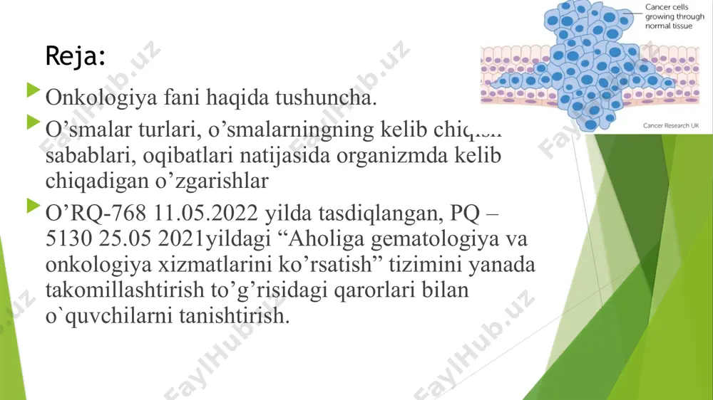 hunday ta’riflash mumkin: o‘sma – bu organizm bilan buzilgan munosabatlar sharoitida va atipik bo‘lib qolgan hujayralardan tashkil topgan to‘qimaning patologik o‘sib ketishidir. o‘smani keltirib chiqaradigan moddalar kanserogen moddalar deb ataladi. ularga neft mah sulotlari: asfalt, benzin, kerosin, smola, sham, radiatsiya, rentgen nurlari, tutun va boshqalar kiradi. o‘smalarning xususiyatlari, etiologiyasi, patogenezi, profilaktikasi va davosini maxsus fan – onkologiya o‘rganadi. o‘smalar paydo bo‘lishiga turli omillar (kanserogenlar) sabab bo‘ladi: endogen kanserogenlar; ekzogen kanserogenlar; fizik kanserogenlar; kimyoviy kanserogenlar; viruslar; irsiy, genetik omillar. nomenklatura klassik - to‘qima, organ yoki hujayraning nomi + oma qo‘shimchasi = quyidagilardan xavfsiz o‘sma: bez to‘qimasi adenomasi; lipoma - yog‘ to‘qimasidan; xondroma - tog‘ay to‘qimasidan; osteoma - suyak to‘qimasidan; angioma - tomirdan; mioma - mushak to‘qimasidan. yomon sifatli o’smalar 1.carcinoma - karsinoma - saraton - epiteliydagi xavfli o‘sma. 2. sarcoma - sarkoma (baliq go‘shti) - biriktiruvchi to‘qimali xavfli o‘sma melanoma - melanoma - pigment to‘qimasidan hosil bo‘ladigan o‘sma. 4. teratoma ("mo‘jizaviy" …