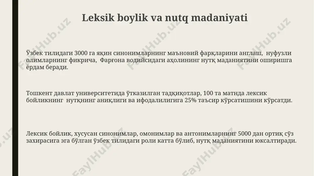 bek, qirg'iz, qozoq) sinonimlarini taqqoslash, ularning umumiy va o'ziga xos xususiyatlarini aniqlash imkonini beradi. leksik boylik va uning turlari sinonimlarning ma'noviy farqlari, masalan, "katta" va "ulug'" so'zlarining sinonimligi, lekin ularning kontekstda qo'llanilishidagi 2-3 ta semantik farqi mavjudligini ko'rsatadi va shuning uchun ularning almashinuvi har doim ham mumkin emas. leksik boylikning o'lchovi sifatida 1000 ta so'zdan iborat matnda turli xil so'zlarning (sinonim, antonim, omonimlar) soni va ularning nisbati 50% dan ortiq bo'lishi, masalan, toshkent shahridagi maktab o'quvchilarining lug'at boyligini o'rganishda aniqlangan. o'zbek tilida 15 mingdan ortiq omonimlar mavjudligi va ularning ba'zilari (masalan, "tosh" so'zining bir necha ma'nolari) samarqand viloyatining dialektlarida ham uchraydi, bu esa leksik boylikning mintaqaviy xususiyatlarini aks ettiradi. e'tiboringiz uchun rahmat @taqdimot_robot