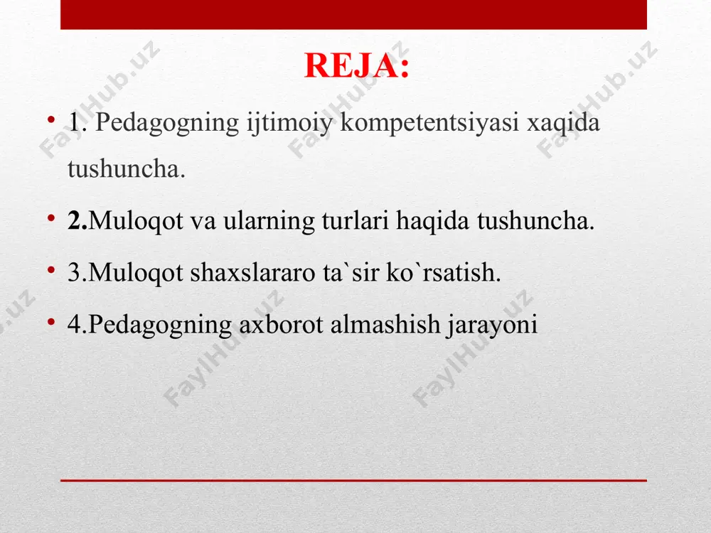 i,bir-birlariga turli xil ma’lumotlar o`zatishni,fikrlar almashinuvi kabi murakkab hamkorlikni talab qiladi. shuning uchun ham har bir shaxsning jamiyatda tutgan o`rni, ishlarining muvoffaqiyati, obro`si uning muloqotga kirish qobilyati bilan bevosita bog`liq. muloqot murakkab jarayondir. uning tuzilishi quyidagicha: interaktiv kommunikativ perseptiv muloqotning kommunikativ tomoni muloqot ishtirokchilari o'rtasidagi axborot almashinuvidan iborat interaktiv jihati muloqot ishtirokchilarining o'zaro ta’sirlashuvidan iborat perseptiv tomoni esa muloqot ishtirokchilarining muloqot jarayonida bir-birini idrok etishi va bilishidan iborat. muloqotning kommunikativ tomoni ― shaxslararo axborotlar, bilimlar g`oyalar, fikrlar almashinuvi. bu jarayonning asosiy vositasi ― bu til. yozma-ogzaki, monologik-dialogik nutq. dialogik nutqning mazmuni, xarakteri, davomiyligi muloqotga kirishgan shaxslarning shaxsiy qarashlariga, qizikishlariga, bir-birlariga bulgan munosabatlariga,maqsadlariga bevosita bogliq bo`ladi. o`qituvchi-o`quvchi, siyosiy rahbarlarning, diplomatlarning, dugonalarning suhbati bir-biridan farq qiladi. monologik nutq bir kishining boshqa kishiga murojaati― fikrlarning mantiqan tugal bo`lishi, grammatik qonun-qoidalarga rioya qilish kerak. odamlarning muloqot jarayonida so`zlardan tashqari turli xil harakatlardan, qiliqlardan, holatlardan, kulgu, ohanglardan ham foydalanadilar. mimika, ko`z qarashlar, to`xtashlar ifodalari va …