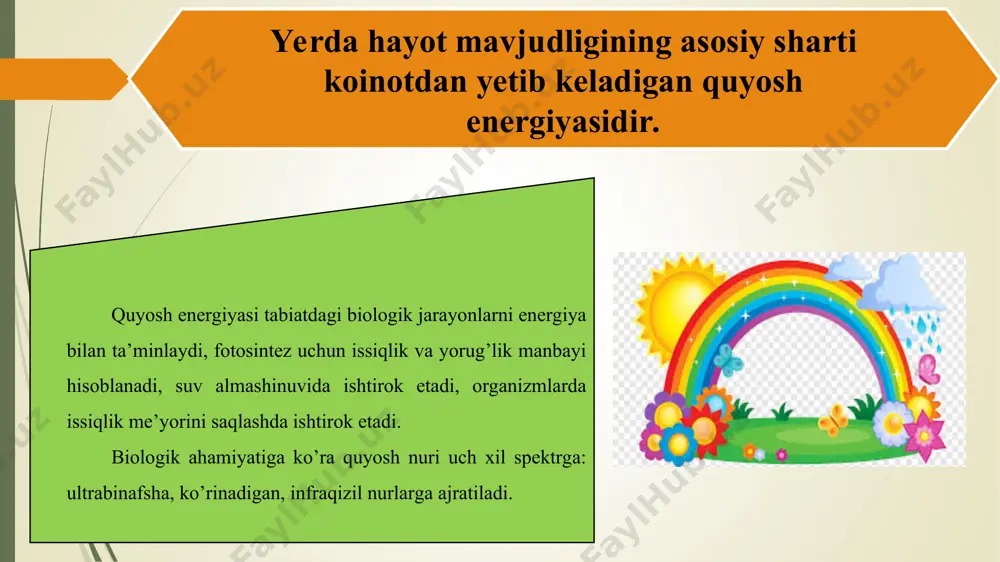 damli o’simliklar ham mavjud: nastarin, lipa, qulupnay, binafsha. yorug’sevar o’simliklar*** o’simlik va hayvonlarning o’sishi, rivojlanishi kun uzunligiga bog’liqligi “fotoperiodizm” deyiladi. fotoperiodizm tirik organizmlardagi morfologik, fiziologik, biokimyoviy jarayonlarning kun uzunligiga bog’liq ravishda ritmik o’zgarishlaridir. kun uzunligiga nisbatan javob reaksiyasiga ko’ra o’simliklar ekologik guruhlarga ajratiladi: uzun kun o’simliklari, qisqa kun o’simliklari, neytral o’simliklar. uzun kun o’simliklari-mo’tadil iqlimli mintaqalarning o’simliklari bo’lib, yilning uzun kunli(13 soat va undan ortiq) davrlarida-yoz oylarida gullaydi. agar kun qisqa bo’lsa, o’simlik o’sishda davom etadi, lekin gullamaydi. o’simliklarning aynan shu xususiyati ularni ekish vaqtini belgilaydi. uzun kun o’simliklari:kartoshka,sabzi, piyoz, karam, rediska, sholg’om. qisqa kun o’simliklari tropik va subtropik mintaqalarda o’sadi. ular qisqa kun(12 soatdan kam) sharoitida, bahor va yoz oylarida gullaydi. qisqa kun o’simliklari:qalampir, baqlajon, pomidor, bodring, g’o’za, qulupnay,xrizantema, kartoshkagul, shoyigul. neytral o’simliklarning gullashi kun uzunligiga bog’liq emas(no’xat, qoqio’t). yarovizatsiya- vernalizatsiya yarovizatsiya (vernalizatsiya) – bu o’simliklarni ekishdan oldin ularni sifatli navlarini tanlash va ularni tashqi muhitning noqulay ta’siriga qarshi …