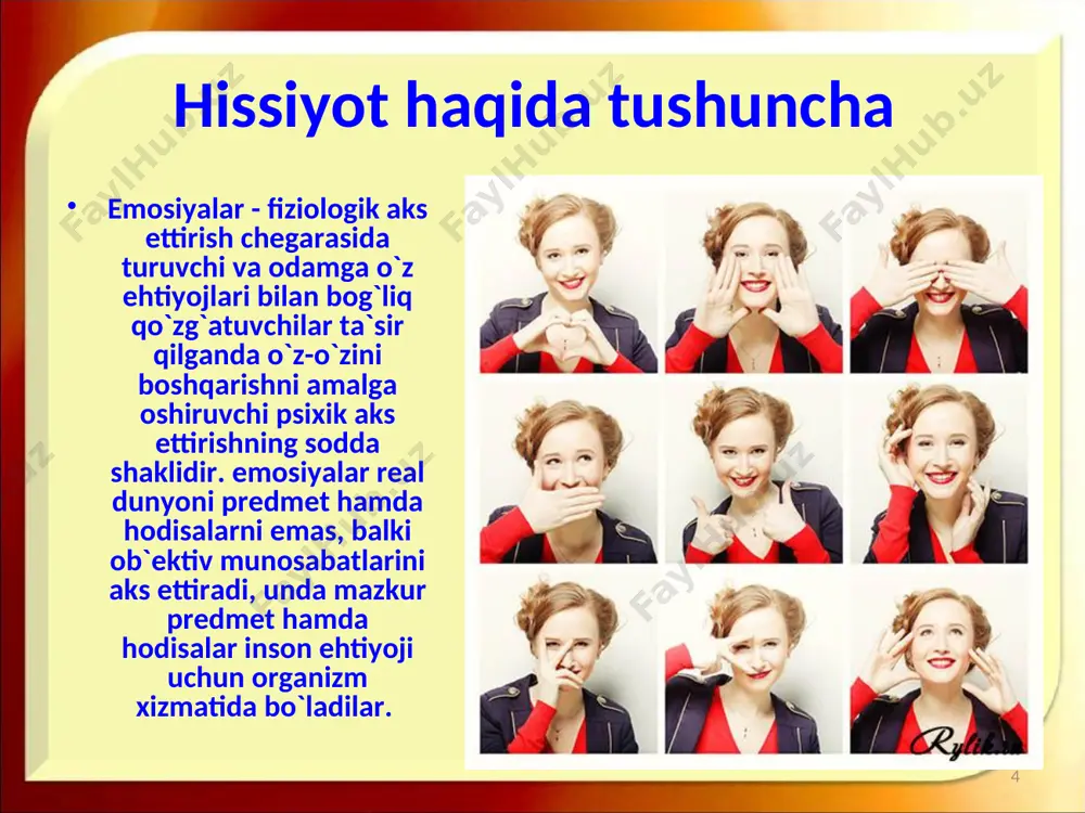 ubyektning ma’naviy yoki estetik ideallariga zid kelib qolishi oqibatida ro’y beradigan salbiy hissiy holatdir; 7) jirkanish – shaxslararo munosabatlarda ro’y beradigan va shaxsning hayotiy nuqtai nazarlari, qarashlari va xulq-atvoriga nomutanosibligi oqibatida hosil bo’ladigan salbiy hissiy holatdir; 8) qo’rquv – shaxs o’zining xotirjam hayot kechirishiga ziyon yetishi mumkinligi unga real tahdid solayotgan yoki tahdid solishi mavjud xavf-xatar to’g’risidagi xabarni olish bilan paydo bo’ladigan salbiy hissiy holatdir; 9) uyalish – o’zining ezgu maqsadlari, xatti-harakatlari va tashqi qiyofasi, nafrati katta muhit kutilmasiga mos kelmaganligi bilan emas, balki o’ziga loyiq xulq-atvor hamda tashqi siymosi shaxsiy tasavvurlarga ham mos emasligini anglashda ifodalanadigan salbiy hissiy holatdir http://aida.ucoz.ru emotsional holatlar shkalasi quyidagicha: kuchli salbiy holatlar - kuchli qoniqmaslik, nafrat, afsuslanish, dahshatga tushish. kuchsiz salbiy holatlar - kuchsiz norozilik, qayg`urish, xafa bo`lish, xavotirlanish, qo`rquv. neytral holatlar: xotirjamlik, ishonchlilik. kuchsiz ijobiy holatlar: kuchsiz zavqlanish, qoniqish hissi, kuchli hissiy holatlar-kuchli suratdagi qoniqish, quvonch, shodlanish. hissiyotlar axloqiy, intellektual (bilim) va estetik …