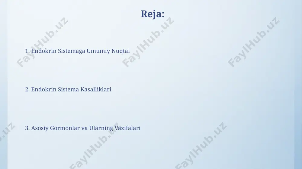 flanadi, bu esa qonda kaltsiy darajasining pasayishiga va tetaniyaga olib kelishi mumkin. qalqonsimon bezining yonida joylashgan 4 ta para tireoid bezlari kaltsiy metabolizmini tartibga soluvchi paratiroid gormonini (pth) ishlab chiqaradi, qonda kaltsiy miqdorini 9-11 mg/dl oralig'ida ushlab turadi. endokrin tizimning tekshiruvi buyrak usti bezlari funksiyasini baholashda kortizol darajasi, taxminan 200-600 ng/ml oraligʻida tahlil qilinadi va ushbu koʻrsatkichning anormal qadri buyrak usti bezlari kasalliklarini koʻrsatishi mumkin. endokrin tizim tekshiruvida qon tahlili orqali qalqonsimon bez gormonlari (t3, t4 va tsh) darajasi 0,5-2,5 miu/l oraligʻida boʻlishi normal hisoblanadi, undan chetga chiqish gipo- yoki gipertiroidizm belgisi boʻlishi mumkin. endokrin tizim nima? gormonlar qon oqimi orqali butun tanaga tarqalib, ma'lum hujayralar yoki to'qimalarga ta'sir qilib, ularning faoliyatini o'zgartiradi va bu jarayonlarning tezligini 1000 marta tezlashtirishi mumkin. endokrin tizim 8 ta asosiy bezdan iborat bo'lib, ular gormonlar ishlab chiqaradi va organizmning 200 dan ortiq funksiyasini tartibga soladi, shu jumladan o'sish, metabolizm va reproduktiv funksiyalarni. gormonlar va …