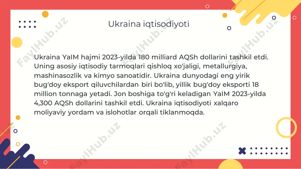 . latviya eksportining asosiy qismini yog'och, metall va oziq-ovqat mahsulotlari tashkil etadi. litva iqtisodiyoti litva yaim hajmi 2023-yilda 65 milliard aqsh dollarini tashkil etdi. asosiy tarmoqlari transport, mashinasozlik, farmatsevtika va qishloq xo'jaligidir. litva logistika va tranzit xizmatlari bo'yicha yetakchi davlatlardan biridir. jon boshiga to'g'ri keladigan yaim 2023-yilda 25,000 aqsh dollarini tashkil etdi. litva eksportining asosiy qismini neft mahsulotlari, transport vositalari va oziq-ovqat mahsulotlari tashkil etadi. estoniya iqtisodiyoti estoniya yaim hajmi 2023-yilda 50 milliard aqsh dollarini tashkil etdi. asosiy tarmoqlari axborot texnologiyalari, transport va xizmatlar sektoridir. estoniya it sektori yuqori rivojlangan bo'lib, mamlakat dunyodagi eng raqamli iqtisodiyotlardan biridir. jon boshiga to'g'ri keladigan yaim 2023-yilda 37,000 aqsh dollarini tashkil etdi. estoniya eksportining asosiy qismini it xizmatlari, mashinasozlik va yog'och mahsulotlari tashkil etadi. sharqiy yevropa mamlakatlarining umumiy iqtisodiy xususiyatlari sharqiy yevropa mamlakatlari boy tabiiy resurslari, rivojlangan sanoat va xizmatlar sektori bilan ajralib turadi. ularning barchasida jon boshiga to'g'ri keladigan yaim darajasi jahon miqyosida …