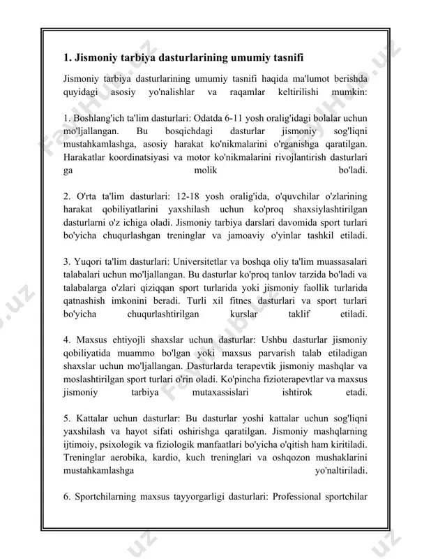 hning ahamiyati "ilk qadam" dasturi bolalarning jismoniy rivojlanishiga katta e'tibor qaratadi. bu dastur bolalarning jismoniy faolligini ta'minlash orqali ularning umumiy salomatligini yaxshilash va rivojlanish jarayonini qo'llab-quvvatlashga qaratilgan. jismoniy faollik bolalarning sog'lom o'sishi va rivojlanishi uchun muhim omil hisoblanadi. bolalarning jismoniy rivojlanishi ko'plab sog'liq bilan bog'liq foydalarni ta'minlaydi. statistik ma'lumotlarga ko'ra, jismoniy faol bolalarda yurak kasalliklari va diabet kabi surunkali kasalliklar xavfi kamayadi. ozbekiston sogliqni saqlash vazirligi malumotlariga kora, mamlakatda jismoniy faollik darajasini oshirish orqali bolalarda ortiqcha vazn va semizlik darajasi kamayishi mumkin. jismoniy faollik, shuningdek, bolalarning ruhiy salomatligiga ham ijobiy ta'sir ko'rsatadi. tadqiqotlar shuni ko'rsatadiki, jismoniy harakatlar depressiya va stressni kamaytirishi, shuningdek, o'z-o'zini baholash va umumiy ruhiy holatni yaxshilashi mumkin. ayrim tadqiqotlar bo'yicha, jismoniy faoliyat bolalarning akademik natijalarini ham yaxshilashi mumkin. bu ularning xotira, diqqatni jamlash va muammolarni hal etish qobiliyatlarini oshirish bilan izohlanishi mumkin. "ilk qadam" dasturi doirasida jismoniy rivojlanishni rag'batlantirish uchun tashkil etiladigan bir qator tadbirlar o'z ichiga …