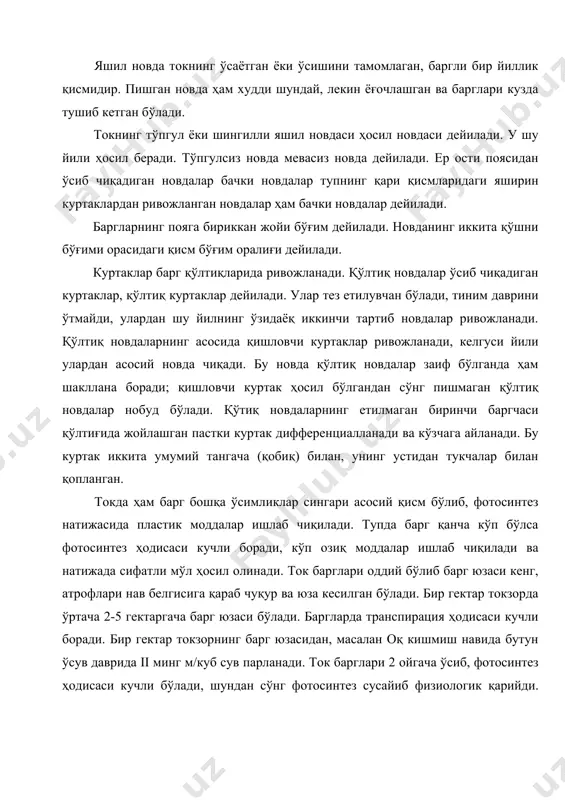 вожланади. жингалаклар новданинг бўғимларида тўпгуллардан юқорида жойлашади. тўпгуллар эса ҳосил шохларида асосидан иккинчи-учинчи бўғимларида жойлашган барглар қаршисида ҳосил бўлади. ҳосилсиз новдаларда жингалаклар новда асосидан иккинчи бешинчи бўғимларда ҳосил бўлади. ток тўпгули, гуллари мураккаб шингил ёки рўвак шаклидаги тўпгулга йиғилган. улар ўтган йилги қишки куртакларда ҳосил бўлади ва келгуси йил баҳорда куртаклар ёзилгунча бошланғич ҳолатда бўлади. агар, ток гули куртак ҳосил қилаётган пайтда яхши озиқлантирилган бўлса, тўпгуллар бирин-кетин ҳосил бўлади ва тобора майдалашиб боради. биринчи тўпгул жуда йирик бўлади. унча қулай бўлмаган шароитда куртаклар ҳосилсиз бўлади ёки ундан фақат битта тўпгул чиқади. одатда новдадаги жингалаклардан юқорида тўпгул ҳосил бўлмайди. тўпгул ва жингалаклар келиб чиқиши бир хил бўлган қисмлардир. ўсув даврининг охирида куртакдаги бошланғич тўпгул ва ён бўртиқли ўқ кўринишда бўлади. баҳорда новда ўса бошлаган вақтида тўпгул баргчалар билан ўралган бўлади. новдалар 15-20 см га етганда тўпгуллар сезила бошлайди. тўпгуллар моноподиал ривожланади. марказий ўқдан 3-4-тартиб шохлар чиқади. улар асосида кучли ривожланади ва …