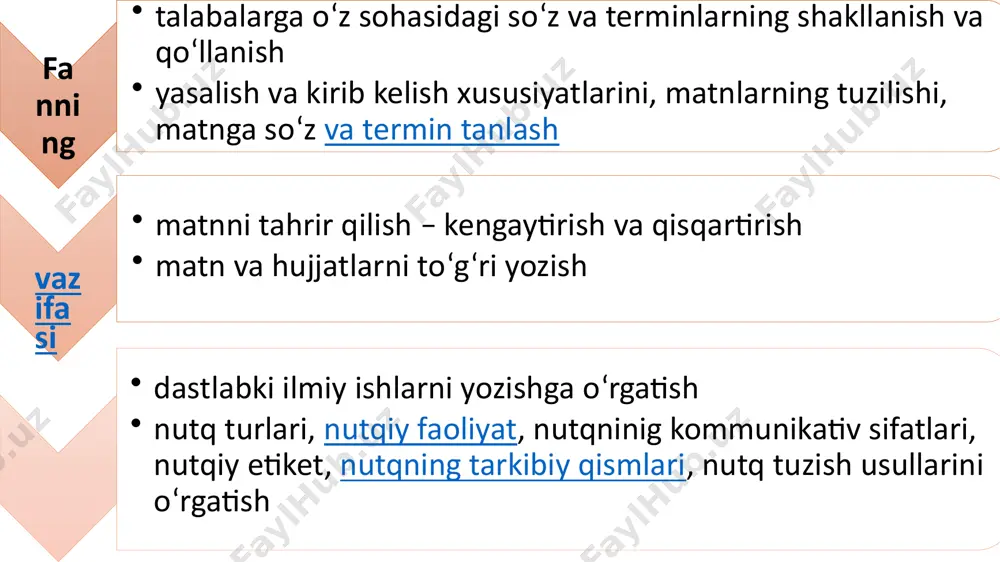 ixcham, mantiqli va ishonarli bo‘lishi bilan xarakterlanadi. ilmiy uslub tili umumiste’moldagi adabiy tildan ajralmagan holda ishlatiladi, ya‘ni o‘zbek adabiy tili qonun-qoidalariga rioya qiladi. ilmiy ommabop uslubga xos materiallar huquqiy mazmunga ega bo‘lishi mumkin. ularning mohiyati, tuzilishi, tayyorlanishi jamiyatdagi huquqiy me'yorga rioya qilishi huquqshunoslik bilan aloqada ekanligini ko‘rsatadi. ma’lumki, hayotda turli yo‘nalishlar, ixtisosliklar mavjud. har sohada umum bo‘lgan til birliklaridan tashqari o‘ziga xos, biri ikkinchisida ishlatilmaydigan terminlar mavjud. ularni o‘rganish ham ushbu fanning maqsadi va vazifasi. shu jihatdan qaraganda o‘zbek tilini sohada qo‘llanilishi fani ixtisoslik fanlari bilan ham aloqada ekanligi kelib chiqadi. image1.jpeg /docprops/thumbnail.jpeg