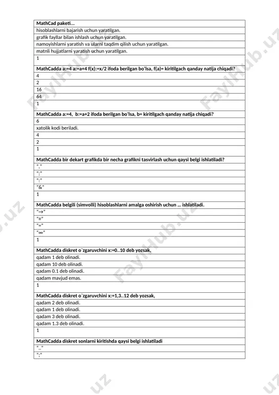 asi graph panelidan surface plot tugmasi graph panelidan polar plot tugmasi 3d bar plot 1 math cad dasturida uch o’lchovli grafik qurish uchun qaysi buyruqdan foydalanimiz graph panelidan surface plot tugmasi graph panelidan x-y plot tugmasi graph panelidan polar plot tugmasi 3d bar plot 1 math cad dasturida uch o’lchovli gistogrammasini qurish uchun qaysi buyruqdan foydalanimiz 3d bar plot graph panelidan surface plot tugmasi graph panelidan polar plot tugmasi graph panelidan x-y plot tugmasi 1 math cad dasturida yaratilgan fayl tipi, kengaytmasi qanday bo’ladi mcd mmd cdr mct 1 math cad dasturida odiiy amallar (qo’shish, ayirish, ko’paytirish, bo’lish, factorial, ildiz…) math panelining qaysi uskunasi yardamida bajariladi calculator toolbar graph toolbar vector and matrix toolbar evaluation toolbar 1 math cad dasturida gafiklar bilan ishlash math panelining qaysi uskunasi yardamida bajariladi graph toolbar calculator toolbar vector and matrix toolbar evaluation toolbar 1 math cad dasturida matritsalar bilan ishlash math panelining qaysi uskunasi …