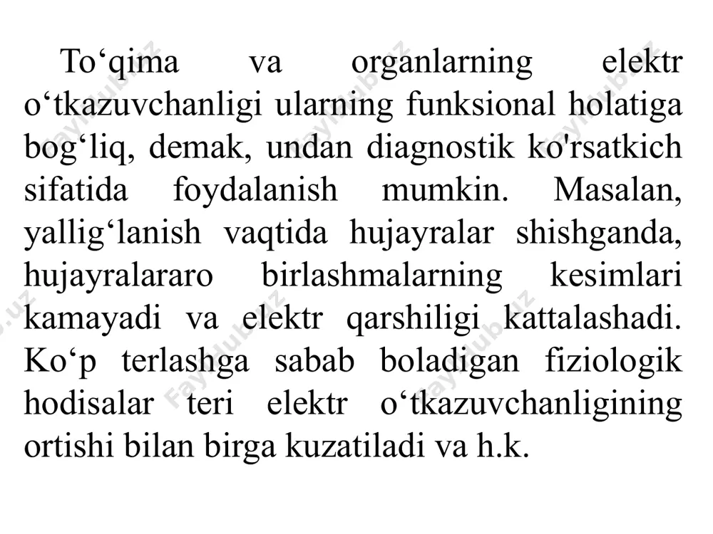 da) bilish muhimdir. to’qima impedansinig chastotaviy bog’lanishi bunda 1 - egri chiziq sog‘, normal to‘qima uchun, 2- egri chiziq o‘lik — suvda qaynatib o'ldirilgan to‘qima uchun. o‘lik to'qimada membranalar buzilgan bo‘lib, “tirik kondensator” va to‘qima faqat om qarshilikka ega bo‘ladi. tok va kuchlanish orasidagi fazalar siljish burchagi to‘qimaning sig‘im xossalari haqida ham ma’lumot berishi mumkin. organizm to‘qimalarining impedansi ularning fiziologik holatiga ko‘ra ham aniqlanadi. jumladan, tomir qonga to‘lganda impedans yurak-tomir faoliyatiga ko‘ra o‘zgaradi. yurak faoliyati jarayonida to‘qimalar impedansi o‘zgarishini qayd qilishga asoslangan diagnostika uslubi reografiya (impedans-pletizmografiya) deyiladi. e’tiboringiz uchun raxmat! image3.png image4.png image5.png image6.emf image2.jpeg