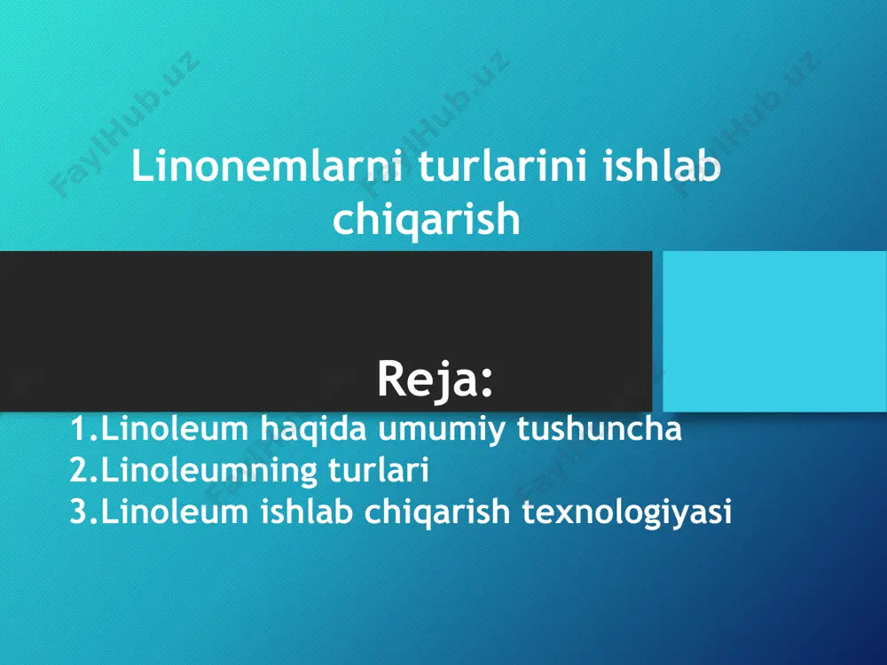 tarkibida tabiiy va sintetik materiallar mavjud. bugungi kunda u turli xil dizayn va ranglarda ishlab chiqarilmoqda. qo‘shimcha ma'lumot: linoleum – bu pol qoplamasi sifatida keng qo‘llaniladigan, mustahkam va uzoq muddat xizmat qiladigan materialdir. u arzonligi, estetik ko‘rinishi va gigiyenik xususiyatlari bilan mashhur. linoleum tarkibida tabiiy va sintetik materiallar mavjud. bugungi kunda u turli xil dizayn va ranglarda ishlab chiqarilmoqda. 2. linoleum turlari (davomi 2) linoleumning asosiy turlari: 1. **tabiiy linoleum** – linseed moyi, yog‘och uni va tabiiy qatronlardan tayyorlanadi. 2. **sintetik linoleum** – pvx asosida tayyorlanadi, juda keng tarqalgan. 3. **kauchuk linoleum** – elastikligi va chidamliligi yuqori. 4. **relin** – ikki qatlamli kauchuk asosida tayyorlanadi, sanoat binolarida qo‘llaniladi. 5. **kompozit linoleum** – turli materiallar aralashmasidan tayyorlangan. 3. linoleum ishlab chiqarish texnologiyasi (davomi 3) linoleum ishlab chiqarish texnologiyasi bosqichlari: 1. **xom-ashyo tayyorlash** – linseed moyi, pvx yoki kauchuk asosini tayyorlash. 2. **aralashma tayyorlash** – xom-ashyo boshqa qo‘shimchalar bilan aralashtiriladi. 3. **presslash …