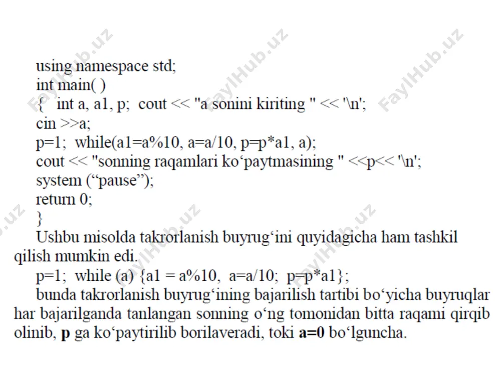 c++ dasturlash tilida shartli takrorlanuvchi jarayonlarni dasturlash, while va dowhile operatorlari. - Page 5