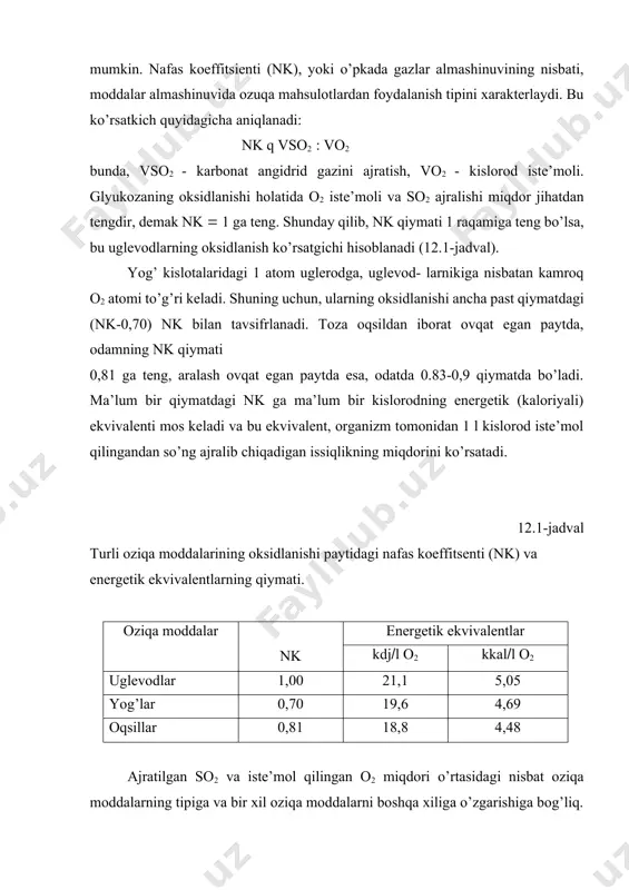 iste’mol qilingan o2 miqdori o’rtasidagi nisbat oziqa moddalarning tipiga va bir xil oziqa moddalarni boshqa xiliga o’zgarishiga bog’liq. ratsionning aksariyat qismini uglevodlar tashkil qilgan holatlarda, ular yog’larga aylanishi mumkin. yog’lar tarkibida uglevodlarga nisbatan o2 miqdori kam bo’lganligi tufayli, bunday jarayon mos ravishdagi miqdorda o2 ajralishi bilan birga o’tadi. uglevodlarga to’yingan paytda to’qimalarda kislorodning iste’mol qilinish miqdori pasayadi, nk esa ortadi. nk kattaligiga ta’sir qiluvchi muhim omil giperventilyatsiya hisoblanadi. giperventilyatsiya paytida qo’shimcha ajralib chiqadigan so2 miqdori to’qimalar va qon tarkibida bo’lgan va almashinuv jarayonlarida uni hosil bo’lishi bilan bog’liq bo’lmagan so2 ning katta zahirasidan kelib tushadi. amalda, yaqinlashtirilgan hisoblarga ko’ra, energetik ekvivalentning o’rtacha qiymati 20,2 kdjl o2 ga teng deb qabul qilingan bo’lib, u, metabolik nk 0,82 kattaligiga mos keladi. energetik ekvivalentning nk qiymatiga bog’liq holdagi diapazoni, qoidaga binoan, uncha katta bo’lmaydi. shu tufayli, energetik ekvivalentni o’rtacha qiymatidan foydalanish bilan bog’liq xatolik 4 % dan oshmaydi. almashinuv jarayonlarining o’lchovlari. hayvon organizmining …