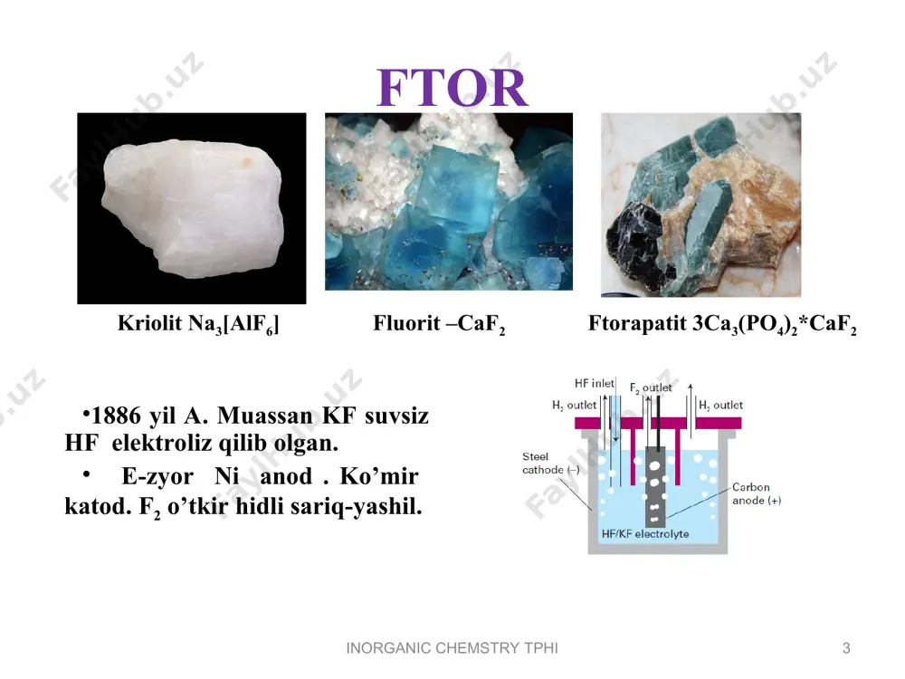 +cl2=2nacl ca+cl2=cacl2 2al+3cl2=2alcl3 yorug’lik nuri ta’sirida :h2+cl2=2hcl metallmaslar : 2 p+5cl2= 2pcl5 2p+3cl2=2pcl3 si+2cl2 = sicl4 2sb+3cl2=2sbcl3 xlorning xossalari * inorganic chemstry tphi inorganic chemstry tphi xlorning suv bilan: cl2+h2o=hcl+hclo uglerod bilan (ccl4, chcl3, ch2cl2, ch3cl) . xlor o-chi: 2k2mno4+cl2= 2kmno4+2kcl fecl2+cl2=2fecl3 gazlamalarni oqartirishda, ichimlik suvini dezinfeksiya qilishda . xlorid kislota va uning tuzlari. o’tkir hidli rangsiz gaz (s. h. -114,2 os) 1 l suvda 450 l hcl eriydi. hcl suvdagi eitmasi xlorid kislota. kuchli kislota. hcl u oshqozon shirasining eng asosiy tarkibiy qismi. oshqozon shirasi (ph= 1-3 gacha) h+ va anionlar cl-, h2po4- va hso4- . xlorid ionlar ancha ko’p. shiradagi hcl pepsin fermentini faol holga keltiradi. pepsin oqsillarni gidrolitik parchalaydi. xlorning xossalari * inorganic chemstry tphi inorganic chemstry tphi sanoatda: h2+cl2=2hcl;nacl+h2so4=nahso4+hcl kons. hcl 37% kuchli elektrolit . hcl ajralib tutovchi kislota deyiladi. 0,1 n hcl eritmasi α=92 % . hcl aktiv metallar (mg, ca, zn, fe, al ) …
