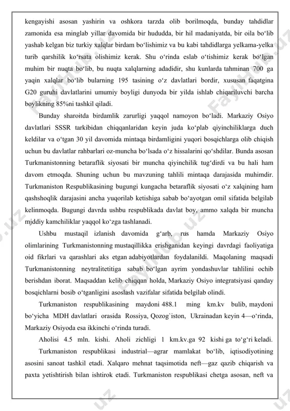 chi o‘rinda turadi. gaz zahiralari deyarli barcha viloyatlar hududidan qazib olinadi. neft zaxiralari asosan kaspiy buyida xamda dengiz relflarida joylashgan. neft konlarida yuldosh gazlar xam uchraydi. turkmaniston respublikasida temir rudasi va rangli metallar nixoyatda kam. lekin respublika ximiyaviy xom—ashyolarga boyligi bilan xam ajralib turadi. bundan tashqari qurilish materiallari xam kup. bu yerda oltingugurt konlari (chorjo‘y viloyatining janubi—sharqidagi gourdak koni) yodobromli suv (cheleken yarim orolidagi va nebit dogda). mineral tuzlar (јora—buroz—kol qo‘ltiіida, kaspiy bo‘yida va boshqalar), sement xom—ashyosi (bezmein), ozokerit va boshqalar topilgan. respublikada chorjo‘y superfosfat zavodi, mariy azot—tuk zavodi ishlab turibdi. yer resurslari. respublikada yer resurslari ko‘p bo‘lib, sanoat qurilishi uchun qiyinchilik tuіdirmaydi. 6—7 mln.ga yerda suіorib dehqonchilik qilinishi mumkin, lekin suv tanqisligi sababli 1 mln.ga.yer sug‘oriladi xolos. cho‘llardan chorvachilikda yaylov sifatida foydalaniladi. iqlimning issiqligi bu yerda subtropik ekinlar yetishtirishga imkon beradi. (respublikaning janubi va janubi-sharqi). suv resurslarining asosiy qismini amudaryo tashkil etadi. (95%). murg`ob, tedjen, atrek daryolari sug`orish uchun …
