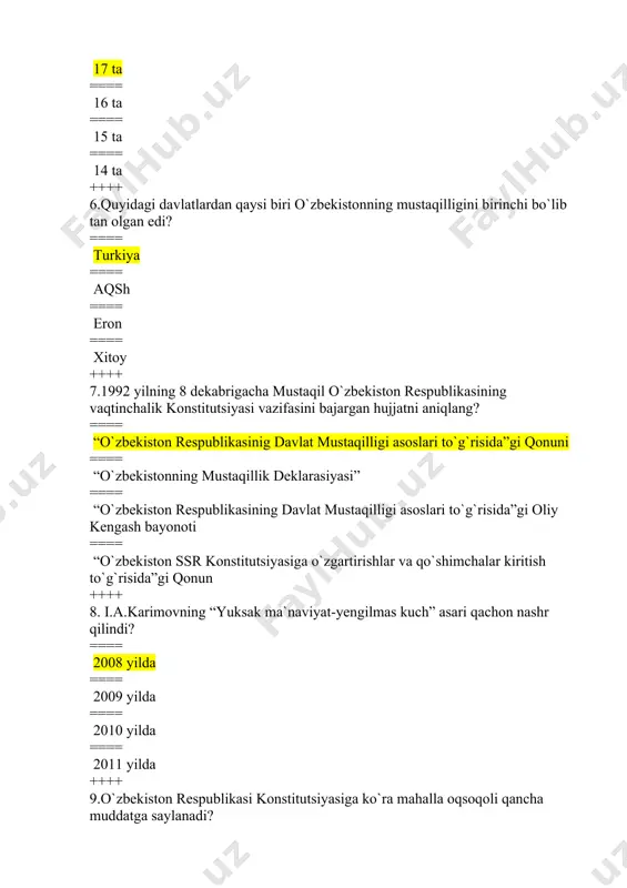 = 2005 yil ==== 2006 yil ++++ 12.o`zbekiston respublikasining birinchi ordenini aniqlang? ==== “sog`lom avlod uchun” ==== “shon-sharaf” ordeni ==== “buyuk xizmatlari uchun” ordeni ==== "amir temur” ordeni ++++ 13.“shanxay forumi” shhhtga o`zgartirilmasdan oldin qanday nomlangan? ==== “shanxay beshligi” ==== “shanxay do`stligi” ==== “shanxay ittifoqi” ==== “shanxay sammiti ++++ 14.“shanxay beshligi” tashkilotiga dastlab qaysi davlatlar kirgan? ==== rossiya, xitoy, qozog`iston, qirg`iziston, tojikiston ==== rossiya, xitoy, qozog`iston, qirg`iziston, turkmaniston ==== rossiya, xitoy, qozog`iston, o`zbekiston, tojikiston ==== rossiya, xitoy, o`zbekiston, qirg`iziston, tojikiston ++++ 15. o`zbekiston respublikasining milliy valyutasi – so`m qachon muomalaga kiritildi? ==== 1994 yil 1 iyulda ==== 1995 yil 1 noyabrda ==== 1996 yil 16 iyunda ==== 1997 yil 1 iyulda ++++ ++++ 16.bekobod metallurgiya zavodi qaysi viloyatda joylashgan? ==== toshkent viloyatida ==== sirdaryo viloyatida ==== samarqand viloyatida ==== buxoro viloyatida ++++ 17.i.a.karimovning “o`zbekistonning o`z istiqlol va taraqiyot yo`li” kitobi qachon nashr qilindi? ==== 1992 yilda ==== 1994 yilda ==== …