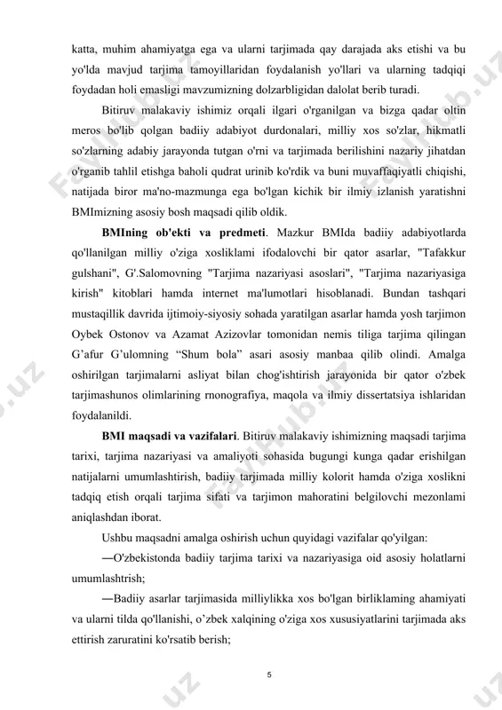 uni bo'yicha respublika va mahalliy nashrlarda bir qator ilmiy maqolalar, kitoblar chop etilgan: g’. xo’jayev “olmon o’lkasida” 289-bet, tarjima san’at maqolalar to’plami tosh. o’zbekiston adabiyoti va san’ati nashriyoti 5-kitob, 1980-yil. g’. salomov “tarjima nazariyasi asoslari” tosh. o’qituvchi nashriyoti 1983-yil. i. g’ofurov, o. mo’minov, n. qambarova “tarjima nazariyasi” tosh. tafakkur bo’stoni nashriyoti 2012-yil d. muhammadiyev “badiiy tarjima ―chinakam san’atdir” . yoshlik jurnali 2018/ 1 va boshqalar. 8 i bob badiiy tarjimada milliy o’ziga xoslikning berilishi 1.1. badiiy tarjimada milliy urf-odatlarining ifodalanishi. asar yozilgan tilni chuqur va mukammal bilmay, muhit va davrni o’rganmay, muallif tasvirlagan xalqning urf-odatlari bilan yaqindan tanishmay turib badiiy barkamol tarjima asari yaratish amri mahol. keyingi yillarda o’zbekistonning dunyoga yuz tutishi -chet ellarda o’zbekistonning madaniyat va adabiyot kunlari, haftaliklari bo’lib o’tishi o’zbek xalqining milliy qiyofasini xorijliklarga tanishtirishda katta rol o’ynaydi. ayniqsa, o’zbek yozuvchilarining asarlari xorijiy tillarga, jumladan nemis tiliga, shuningdek nemis tilidan o'zbek tiliga ko’plab o’girilayotgani ikki buyuk xalqning …