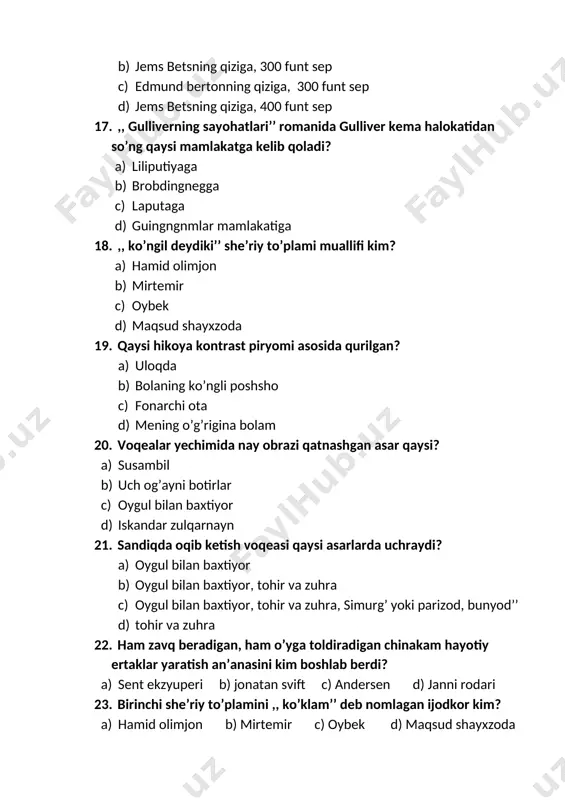ini yaratgan ijodkor nomini toping? a) hamid olimjon b) mirtemir c) oybek d) maqsud shayxzoda 25. folklor asarlarini o’z zamonlariga moslab qayta ishlab she’riy shaklga solish an’anasini kimlarning ijodida uchraydi? 1) furqat 2) abdulla avloniy 3) elbek 4) quddus muhammadiy 5) qudrat hikmat 6) hamid olimjon 7) zafar diyor a) 1,2,3,6,7 b) 1,2,3,5,7 c) 2,3,4,6,7 d) 2,4,6,7 26. o’g’illariga safar uchun qora ot, saman ot, ko’k otni tayyorlab qo’ygan ota obrazi qaysi asarda uchraydi? a) susambil b) uch og’ayni botirlar c) oygul bilan baxtiyor d) iskandar zulqarnayn 27. voqealari susambilda bo’lib o’tadigan asarlar qaysilar? a) susambil, oygul bilan baxtiyor b) uch og’ayni botirlar, oygul bilan baxtiyor c) oygul bilan baxtiyor, iskandar zulqarnayn d) simurg’ yoki parizod, bunyod, uch og’ayni botirlar 28. qaysi janrdagi asarlar kirish qismi, voqealar rivoji, tugallanmadan tashkil topadi? a) qissa b) topishmoq c) masal d) ertak 29. ,, jinoyat’’ asari muallifi va janrini toping? a) maqsud shayxzoda, …