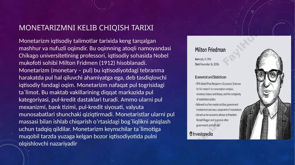 chiqarishning tarmoq tuzilishini ozgartirishda, eksport tarmoqlarini ragbatlantirishda, iqtisodiyotning qoloq boginlarini qollab-quvvatlashda, infratuzilmani rivojlanti-rishda, texnika taraqqiyotini jadallashtirishda muhim rol oynay boshlaydi. yangi keynschilar multiplikator printsipini akselerator (jadallashtirish) printsipi bilan toldirdilar. multiplikator printsipi boyicha investitsiya ish bilan bandlikni taminlab daromadni oshiradi. akselerator printsipiga kora daromadlar-ning osishi konkret sharoitda investitsiyaning kopayishiga olib kelishi ham mumkin. buning manosi shundan iboratki, daromad-larning kopayishi yalpi talabning oshishiga olib keladi, yalpi talabning oshishi esa, ishlab chiqarishning kengaytirilishini taqozo etadi va demak, yangi investitsiyalarga bolgan talab kelib chiqadi. akselerator daromad osishi bilan kelgusi investitsiyalar osimi ortasidagi bogliqlikni ifodalaydi. monetarizm rivojlanishi hozirgi paytda marjinalizm, monetarizm, keynschilik va boshqa qator yo'nalishdagi iqtisodiy qarashlar «ekonomiks» nomli kitobda mujassamlashgan bo'lib, bu aqsh, angliya va boshqa qator mamlakatlarda darslik sifatida o'tiladi. hozirgi paytda bu yo'nalishdagi fan mamlakatimiz va boshqa qator mdhdavlatlarida «iqtisodiyot nazariyasi» deb atala boshlandi. «iqtisodiyot nazariyasi» fan sifatida shakllanguncha bosib o'tgan yo'l va unda vujudga kelgan g'oyalar, oqimlar juda murakkab, ko'pincha …