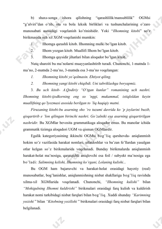 rish-otli birikmalar hosil qilish vazifasi asosida tadqiqotchilar turkiy tillarda so’z birikmalari tizimida ham, gap qurilishida ham alohida qurilish-possesiv (qarashlilik) qurilishi mavjudligini qayd etadilar va possesiv qurilish nominativ qurilishga qarama-qarshi qo’yiladi. haqiqatan ham, tilimizda istagan turdagi so’z birikmasi va istagan turdagi gap qaratqichli birikma variantiga ega bo’lishi mumkin. birikmalarga misol: qizlardan bitta-qizlarning bittasi. molga qul, qizga oshiq-molning quli, qizning oshig’i. vatan uchun kurash- vatan kurashi. qizil gul-gulning qizili. yaxshi hokim- hokimning yaxshisi. turkiy tillarda, jumladan, o’zbek tilida nisbiy sifatlarning hind-yevropa tillariga nisbatan ozligining sababi ham egalik kategoriyasining sintaktik mohiyati bilan bog’liqdir: ученическая форма- o’quvchi kiyimi, зимние ночи -qish kechalari, компьютерные курсы - kompyuter kurslari. xuddi shunday istagan nominativ qurilishli (egasi bosh kelishik shakli bilan ifodalangan) gap ham o’zbek tilida qaratqichli (possesiv) birikmaga ajralishi mumkin: karim keldi-karimning kelishi. kitob yozildi- kitobning yozilishi. egalik qo’shimchalarining ayrim so’zlar tarkibida sintaktik funksiyasi ham, ma’nolari ham to’la yo’qolib soddalanadi. masalan, “qaysi” so’zi tarixan “qayu” olmoshidan va …