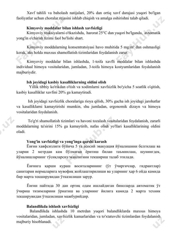 samarali boshqarishga yordam beradi. xavf tahlili va baholash natijalari, 20% dan ortiq xavf darajasi yuqori bo'lgan faoliyatlar uchun choralar rejasini ishlab chiqish va amalga oshirishni talab qiladi. kimyoviy moddalar bilan ishlash xavfsizligi kimyoviy reaksiyalarni o'tkazishda, harorat 25°c dan yuqori bo'lganda, avtomatik yong'in o'chirish tizimi faol bo'lishi shart. kimyoviy moddalarning konsentratsiyasi havo muhitida 5 mg/m³ dan oshmasligi kerak, aks holda maxsus shamollatish tizimlaridan foydalanish zarur. kimyoviy moddalar bilan ishlashda, 1-toifa xavfli moddalar bilan ishlashda individual himoya vositalaridan, jumladan, 3-toifa himoya kostyumlaridan foydalanish majburiydir. ish joyidagi kasbiy kasalliklarning oldini olish yillik tibbiy ko'rikdan o'tish va xodimlarni xavfsizlik bo'yicha 5 soatlik o'qitish, kasbiy kasalliklar xavfini 20% ga kamaytiradi. ish joyidagi xavfsizlik choralariga rioya qilish, 30% gacha ish joyidagi jarohatlar va kasalliklarni kamaytirishi mumkin, shu jumladan, ergonomik dizayn va himoya vositalaridan foydalanish. to'g'ri shamollatish tizimlari va havoni tozalash vositalaridan foydalanish, zararli moddalarning ta'sirini 15% ga kamaytirib, nafas olish yo'llari kasalliklarining oldini oladi. yong'in xavfsizligi …