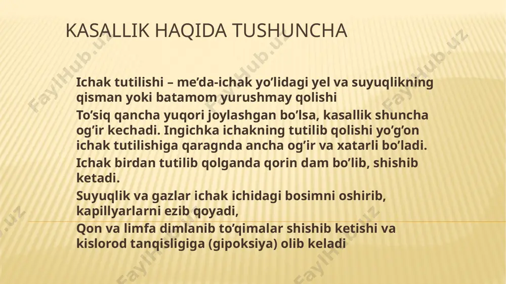 on bo’lishi mumkin, mekoniyli ko’richak bilan namoyon bo’lishi mumlkin. belgilari: valya simptomi qayt qilish. qusuq massasi: xidli, quyqali, safro aralash, xatto mekoniyli, ichak suyuqligi bilan aralashgan ham bo’ladi. to’liq ichak tutilishi bo’lsa mekoniy kelmaydi. tekshiruv usullari: shoshilinch xirurgiyaga yotqizish; obzorniy rentgenogramma; irrigografiya; qon taxlili. kt. davosi : operativ . pastki ichak tutilishi tugma pastki ichak tutilishiga duodenal tutilishdan, anorektal anomaliyalardan va girshprung kasalligidan tashkari ingichka va yugon ichak tutilishlarining xamma turlari kiradi. pastki ichak tutilishiga ichaklar atreziyasi, membrana, ichaklarni kistoz ikkilanishi, ingichka ichak tutkichining limfangiomasi, mukovitsidozning ichak formasi sabab bulishi mumkin. bu nuksonlardan eng kup uchraydigani enbosh ichak atreziyasi xisoblanadi. klinik manzarasi bola xaetining 1 – sutkalarida pastki ichak tutilish belgilari yakkol namoen buladi. bola tugilganda korni dam buladi. oshkozondan tuplangan ajralmalar chikib, mekoniy bulmaydi, tugri ichakdan shillik ajraladi. pastki ichak tutilishida asosiy tekshirish usuli bulib, vertikal xolatda 2 proektsiyada obzor rentgenogramma kilish xisoblanadi. rentgenogrammada ingichka ichakdan bir nechta gorizontal …