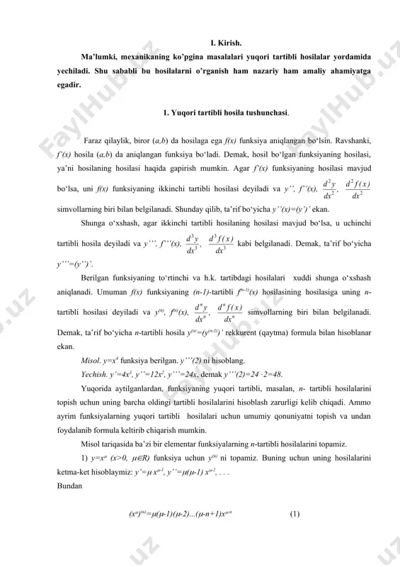 ar funksiyalarning n-tartibli hosilalarini topamiz. 1) y=x( (x>0, ((r) funksiya uchun y(n) ni topamiz. buning uchun uning hosilalarini ketma-ket hisoblaymiz: y’=( x(-1, y’’=(((-1) x(-2, . . . bundan (x()(n)=(((-1)((-2)...((-n+1)x(-n (1) deb induktiv faraz qilish mumkinligi kelib chiqadi. bu formulaning n=1 uchun o‘rinliligi yuqorida ko‘rsatilgan. endi (1) formula n=k da o‘rinli, ya’ni y(k)=(((-1)...((-k+1)x(-k bo‘lsin deb, uning n=k+1 da o‘rinli bo‘lishini ko‘rsatamiz. ta’rifga ko‘ra y(k+1)= (y(k))’. shuning uchun y(k+1)=(y(k))=((((-1)...((-k+1)x(-k)’=(((-1)...((-k+1)((-k)x(-k-1 bo‘lishi kelib chiqadi. bu esa (8.1) formulaning n=k+1 da ham o‘rinli bo‘lishini bildiradi. demak, matematik induksiya usuliga ko‘ra (8.1) formula (n(n uchun o‘rinli. (8.1) da (=-1 bo‘lsin. u holda funksiyaning n-tartibli hosilasi (2) formula bilan topiladi. 2) y=lnx (x>0) funksiyaning n-tartibli hosilasini topamiz. bu funksiyainng birinchi hosilasi bo‘lishidan hamda (8.2) formuladan foydalansak, (3) formula kelib chiqadi. 3) y=sinx bo‘lsin. ma’lumki, bu funksiya uchun y’=cosx. biz uni quyidagi ko‘rinishda yozib olamiz. so‘ngra y=sinx funksiyaning keyingi tartibli hosilalarini hisoblaymiz. bu ifodalardan esa y=sinx funksiyainng n-tartibli …