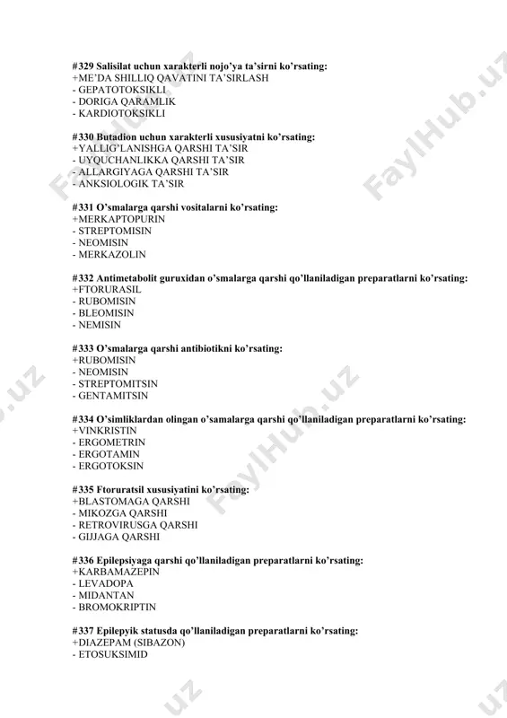 periferik xolinomimetik tasir - dofamin manbai # 347 antipsixotik(neyroleptik) preparatni ko’rsating: + aminazin - diazepam - amizil - amitriptilin # 348 fenotiazin unumi bo’lgan-tipik antipsixotik(neroleptik)moddani ko'rsating : + triftazin - sulpirid - klozapin - diazepam # 349 tioksanten unumi bo’lgan-tipik antipsixotik(neroleptik)moddani ko'rsating : + xlorprotiksen - aminazin - galoperidol - klozapin # 350 butirofenon unumi bo’lgan-tipik antipsixotik(neroleptik)moddani ko'rsating: + galoperidol - sulpirid - klozapin - aminazin # 351 atipik antipsixotik (neyroleptik) vositani ko’rsating: + sulpirid - aminazin - triftazin - xlorprotiksen # 352 antipsixotik vositalar(neyroleptikov)ni tasir mexanizmi komponentini ko’rsating : + dofamin retseptorlarini susaytiradi - dofamin retseptorlarini stimulyatsiyasi - nerv impulse o’tishini stimulyatsiyasi - bosh miya po’stlog’ini stimulyatsiyasi # 353 aminazinga xos xysusiyatni ko’rsating: + antipsixotik va sedativ - qustiruvchi - gipertenziv - gipertermik # 354 fenotiazin xosilalarining nojo’ya ta’sirini ko’rsating + ekstrapiramidal buzilishlar - gipertoniya - lekotsitoz - ko’p terlash # 355 antipesixotik vositalar (neyroliptiklar) ni qo’llashga qarshi ko’rsatma: …