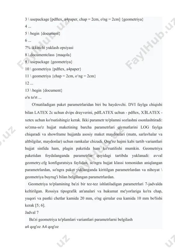 ametrlari qiymatlarini log faylga chiqaradi va showframe hujjatda asosiy maket maydonlari (matn, sarlavhalar va altbilgilar, maydonlar) uchun ramkalar chizadi. qog'oz hajmi kabi tartib variantlari hujjat sinfida ham, plagin paketida ham ko'rsatilishi mumkin. geometriya paketidan foydalanganda parametrlar quyidagi tartibda yuklanadi: avval geometry.cfg konfiguratsiya faylidan, so'ngra hujjat klassi tomonidan aniqlangan parametrlardan, so'ngra paket yuklanganda kiritilgan parametrlardan va nihoyat \ geometriya buyrug'i bilan belgilangan parametrlardan. geometriya to'plamining ba'zi bir tez-tez ishlatiladigan parametrlari 7-jadvalda keltirilgan. rossiya tipografik an'analari va hukumat me'yorlariga ko'ra chap, yuqori va pastki chetlar kamida 20 mm, o'ng qirralar esa kamida 10 mm bo'lishi kerak [5; 6]. jadval 7 ba'zi geometriya to'plamlari variantlari parametrlarni belgilash a4 qog'oz a4 qog'oz a5 qog'oz a5 qog'oz qog'ozlar = {140mm, 200mm} 140mm x 200mm qog'oz landshaft qog'ozga yo'naltirish portret portret qog'oz yo'nalishi chap = o'lchov chap chekka o'lchamga teng right = size o'ng chekka o'lchamga teng top = size yuqori margin o'lchamga teng pastki = …