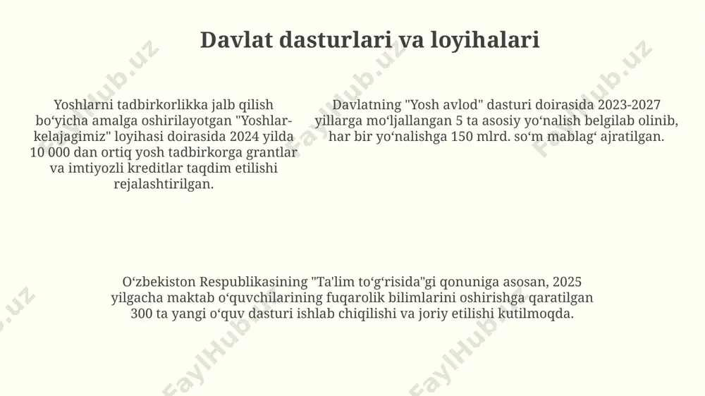 % dan ortig'ini qamrab olib, ularning fuqarolik faolligini oshirishda muhim rol o'ynaydi, demokratiya tamoyillarini singdirish orqali. muammolarni hal qilishda yoshlarning ishtiroki yoshlarni muammolarni hal qilishga jalb qilishda 15-25 yosh oralig'idagi yoshlarning ijtimoiy tarmoqlardagi faolligi va 70% dan ortig'i onlayn platformalardan foydalanishi katta imkoniyat yaratadi. muammolarni hal qilish jarayoniga yoshlarni jalb qilishda "bottom-up" yondashuv – ya'ni, mahalliy muammolarni hal qilishdan boshlash – samaradorlikni 30% ga oshirishi mumkin. yoshlarning muammolarni hal qilishga ishtiroki natijasida 20% ga yaqin yangi g'oyalar va innovatsion yechimlar paydo bo'lishi kuzatilgan, bu esa ijtimoiy rivojlanishga sezilarli hissa qo'shadi. tolerantlik va bag'rikenglikni rivojlantirish ijtimoiy-emotsional intellektni rivojlantirish dasturlari, masalan, empatiya va boshqalarning nuqtai nazarini tushunish ko'nikmalarini o'rgatish orqali, yoshlarda bag'rikenglikka 20% gacha o'sishga olib kelishi mumkin. maktablar va jamoatchilik tashkilotlari hamkorligida o'tkaziladigan bag'rikenglikni targ'ib qiluvchi 10 tadan ortiq tadbirlar, masalan, madaniy almashinuv dasturlari va ko'p madaniyatli festivallar, yoshlarni bag'rikenglik va tolerantlikka o'rgatishda muhim rol o'ynaydi. maktablar va jamoatchilik tashkilotlari hamkorligida …