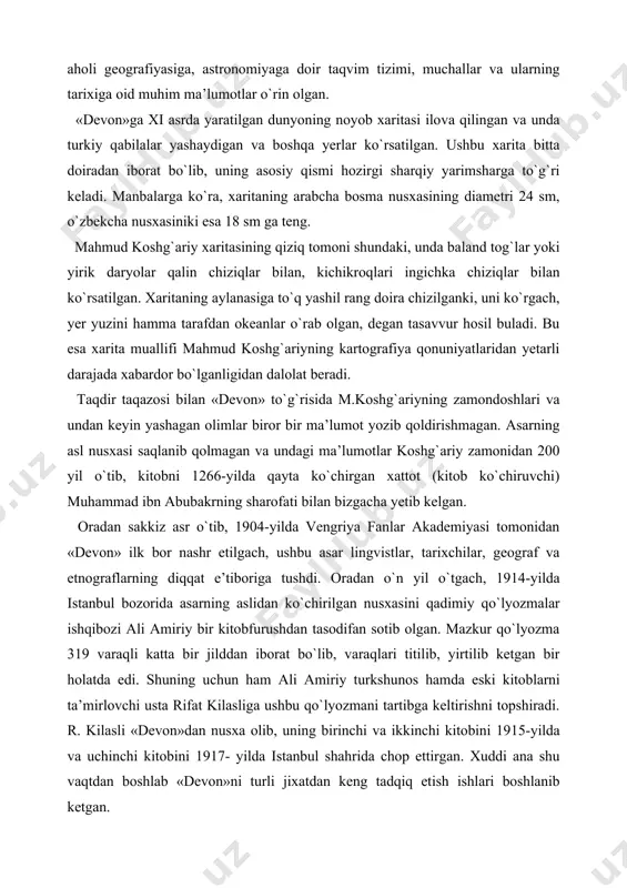 riya fanlar akademiyasi tomonidan «devon» ilk bor nashr etilgach, ushbu asar lingvistlar, tarixchilar, geograf va etnograflarning diqqat e’tiboriga tushdi. oradan o`n yil o`tgach, 1914-yilda istanbul bozorida asarning aslidan ko`chirilgan nusxasini qadimiy qo`lyozmalar ishqibozi ali amiriy bir kitobfurushdan tasodifan sotib olgan. mazkur qo`lyozma 319 varaqli katta bir jilddan iborat bo`lib, varaqlari titilib, yirtilib ketgan bir holatda edi. shuning uchun ham ali amiriy turkshunos hamda eski kitoblarni ta’mirlovchi usta rifat kilasliga ushbu qo`lyozmani tartibga keltirishni topshiradi. r. kilasli «devon»dan nusxa olib, uning birinchi va ikkinchi kitobini 1915-yilda va uchinchi kitobini 1917- yilda istanbul shahrida chop ettirgan. xuddi ana shu vaqtdan boshlab «devon»ni turli jixatdan keng tadqiq etish ishlari boshlanib ketgan. asarni til nuqtai-nazaridan o`rganish va chop etish bilan juda ko`p mutaxassislar shug`ullanishgan. jumladan, nemis olimi k. brokkelman asardagi terminlarni alifbo asosida ifodalab, ularning nemis tilidagi tarjimasini chop qildirgandi. turk olimi bosim olatoy 1914-yilda qo`lyozmaning nusxasini turk tiliga tarjima qilgan va uni 1934-1943-yillar …