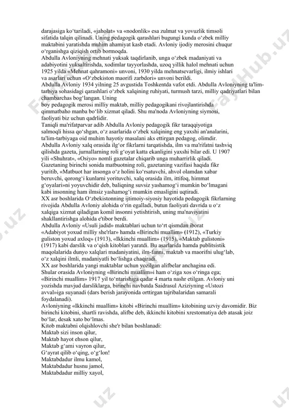 shlarni amalga oshirgan jadidlar harakatining ko‘zga ko‘ringan namoyandalaridan edi. abdulla avloniy ilg‘or ziyoli kishilar bilan hamkorlikda teatr tomoshalari va matbuotdan tushgan mablag‘larga dunyoviy ilmlarni o‘qitadigan «usuli jadid», ya'ni yangicha ilg‘or usuldagi maktablar ochdilar va bu maktablarda xalq bolalarini o‘qitdilar. ular o‘z millatlaridan yetuk olimlar, bilimdon mutaxassislar, madaniyat arboblari yetishib chiqib, yurtni obod, vatanni ozod, farovon etishlarini orzu qildilar va bu yo‘lda fidoyilik ko‘rsatdilar. abdulla avloniy 1907 yilda toshkentning mirobod mahallasida, keyinchalik degrez mahallasida yangi usuldagi maktablar ochdi. maktablardagi o‘quv asbobjihozlarini o‘zgartirdi, o‘z qo‘li bilan parta vadoskalar yasadi. maktabga qabul qilingan bolalarning asosiy qismi kambag‘al kishilarning bolalari bo‘lganligi uchun ularni kiyim-kechak, oziq-ovqat, daftar-qalam bilan ta'minlash maqsadida, do‘stlarining ko‘magida «jamiyati xayriya» tashkil etadi va bu jamiyatga o‘zi raislik qiladi. «nashriyot» shirkati tuzib, xadrada «maktab kutubxonasi» nomli kitob do‘konini ochdi. avloniyning maktabi o‘z oldiga qo‘ygan maqsad va vazifalariga ko‘ra mashg‘ulotlarni sinf-dars tizimi asosida o‘z ona tilida olib borilishi bilan eski usul maktablaridan farq …