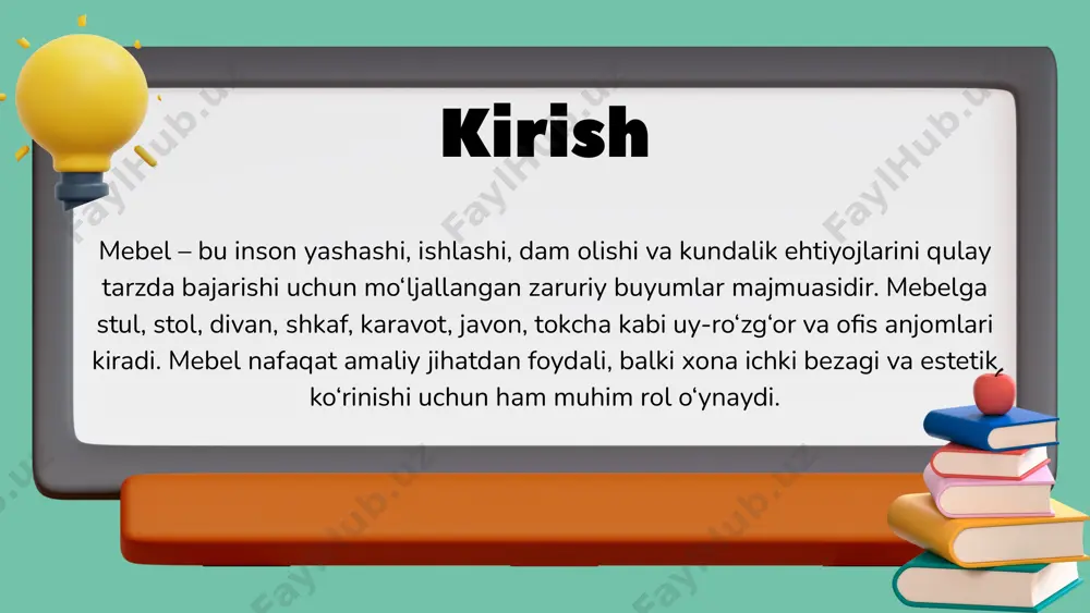ari: divan, stul, stol, karavot, shkaf, oshxona mebellari va h.k. ofis mebellari: ish stollari, ofis stullari, arxiv shkaflari, majlis stollari. maxsus mebellar: maktab, kasalxona, kutubxona, mehmonxona va boshqa ixtisoslashtirilgan joylar uchun mo‘ljallangan mebellar. mebel ishlab chiqarish ishlab chiqarish jarayonlari quyidagilarni o‘z ichiga oladi: loyiha chizish, material tanlash, kesish, yig‘ish, biriktirish, bezash (bo‘yash, laklash), sifat nazorati. materiallar: tabiiy yog‘och, sun’iy taxta (dsp, mdf), metall, plastmassa, shisha, yumshoq to‘qimalar. zamonaviy mebel dizayni ergonomik va foydalanuvchi uchun qulay bo‘lishi kerak. minimalizm, skandinaviya uslubi, loft kabi dizayn yo‘nalishlari bugungi kunda mashhur. zamonaviy mebel texnologiyalari: cnc stanoklari, 3d dizayn dasturlari, lazerli kesish texnologiyasi. xulosa mebel inson hayotining ajralmas bir qismidir. uning asosiy vazifasi – inson faoliyatini qulaylashtirish, yashash va ishlash muhitini estetik va funksional jihatdan mukammal qilishdir. mebel yaratish san’ati – texnologiya, hunar, dizayn va madaniyatning uyg‘unlashgan ko‘rinishidir. e’tiboringiz uchun rahmat!!! image1.png image2.png image3.png image4.png /docprops/thumbnail.jpeg
