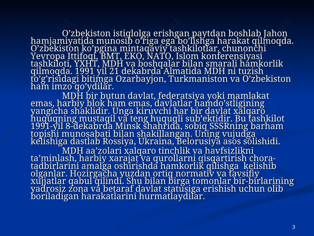 rimov ukraina prezidenti leonid kravchuk uchrashdilar. 1994 yil 10-11 noyabr- i.karimovning ukrainaga 2-bor tashrifi 1995 yil 20-21 iyun- l.kuchma davlat tashrif bilan o’zbekistonga keldi. 1999 yil-ikkala davlat rahbarlari o’rtasida 1999-2008-yillarda o’zaro iqtisodiy hamkorlik to’g’risida shartnoma imzolandi. 2000 yil 12-13 oktyabr l.kuchma o’zbekistonga 2-bor tashrif buyurdi. 5-jadval * 6-jadval * 1994 yil 22 dekabr belorus prezidenti aleksandr lukashenkoning o’zbekistonga tashrifi natijalari: ikka davlat muammolariga bag’ishlangan 18 ta hujjat imzolandi madaniyat va san’at sohasida hamkorlik to’g’risida shartnoma dos’tlik va hamkolrikni yanada mustahkamlash to’g’risida deklaratsiya ikkala davlat bmt ustaviga , yxh bo’yicha xelsenkida bo’lib o’tgan kengashning aktiga muvofiq ish yuritishlarini kelishib oldilar. 7-jadval * 1995 yil 30-31 mart i.karimov moldova prezidenti mircha snegur o’rtasidagi muzokaralar natijasida: erkin savdo munosabatlarini rivojlantirish,fan-texnika,madaniyat va san’at; pochta xizmati ,aloqa,bank sohalarida hamkorlik, samolyotlar qatnovini yo’lga qo’yish; ikkala tomonlama soliq olmaslik to’g’risidagi o’ndan ziyod bitimlar imzolandi. o’zbekiston –shakar,dori-darmonlar,qishloq xo’jalik texnikasi, elektro-texnika asboblari, sug’orishda foydalaniladigan nasoslarni moldova-paxta,kimyoviy tola,qattiq mevalarni olishga …