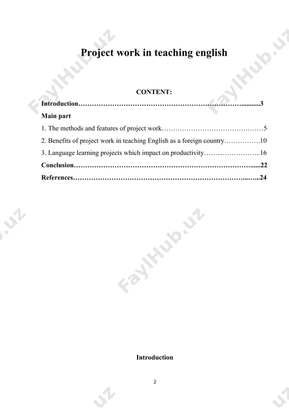 tegrated with real world concerns. project work plays a very important role in education in general and english teaching in particular. this course paper tackles questions of project work which nowadays is considered to be a really effective way of teaching english that connects learning and using the language. the method of projects is widely used all over the world mainly because it allows to combine all the students’ knowledge from different fields to solve one problem, and it also gives the opportunity to put this knowledge into practice, producing new ideas at the same time. the project is especially organized by the teacher to create a product. work with projects can be realized in groups and individually. the pupils should be ready to work in collective, accept the responsibility for a choice, share the responsibility with members of the team, analyze results of activity. every type has its own …