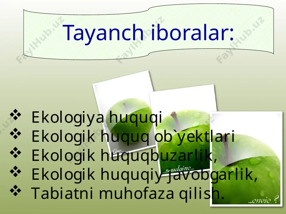 ologiya ekspertizasi talablari bajarilmaganda; - atrof muhitni ifloslagani uchun belgilangan haqni to`lashdan bosh tortganda; - alohida muhofaza qilinadigan hududlar va ob`yektlarning huquqiy tartiboti buzilganda; - atrof muhitga zararli ta`sirni hisobga olish qoidalari buzilganda: - atrof muhit holati va uning resurslaridan foydalanish to`g`risida o`z vaqtida va to`g`ri axborot berishdan bosh tortganda. www.arxiv.uz 1. ekologiya huquqi tushunchasini izohlang 2. ekologiya huquqi manbalariga nimalar kiradi? 3. ekologik huquq ob`yektlarini ko`rsating 4. ekologik huquqiy javobgarlikni tushuntirib bering 5. ekologik jinoyatlarni boshqa huquqbuzarliklardan farqi nimada? 6. yerdan foydalanish huquqi nima? 7. yerni muhofaza qilishning huquqiy tamoyillari 8. tabiatni muhofaza qilish tushunchasini izohlab bering. mavzuni takrorlash uchun savollar: www.arxiv.uz - o`zbekiston respublikasining konstituttsiyasi. 8-2003 yil - o`zbekiston respublikasining «tabiatni muhofaza qilish to`g`risida»gi qonuni. toshkent., 1992 yil. - o`zbekiston respublikasining «suv va suvdan foydalanish to`g`risida»gi qonun. toshkeht., 1993 yil 6 may - o`zbekiston respublikasining «yer kodeksi». toshkent, 1991 yil. - xolmo`minov j.t. ekologiya va qonun. toshkent, 2000 …