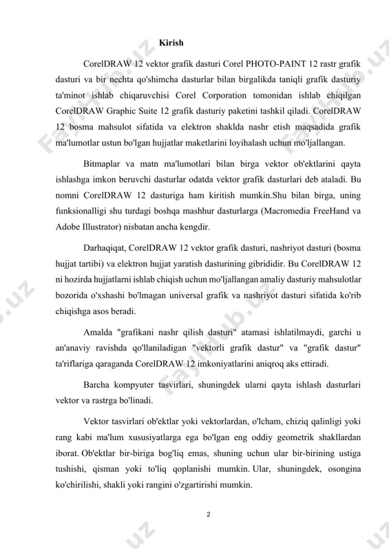 r, shuningdek, osongina ko'chirilishi, shakli yoki rangini o'zgartirishi mumkin. vektorli tasvirning eng muhim afzalligi shundaki, u bilan ishlashda siz qaytarib bo'lmaydigan harakatlar qilishdan va rasmni buzishdan qo'rqmaysiz. barcha ob'ektlarni cheksiz tahrirlash mumkin va ma'lumotni yo'qotish shunchaki mumkin emas, chunki o'zgarishlarning butun tarixi har doim yonida. vektor grafikasining yana bir muhim afzalligi bor - vektor chizmasini ekranda chop etish yoki ko'rsatish sifati faqat printer sozlamalari yoki monitorning o'lchamlariga bog'liq va hech qanday holatda fayl hajmi yoki chizmaning xususiyatlariga bog'liq emas. bitmaplar esa faqat bitta turdagi ob'ektdan, piksellar deb ataladigan rangli kvadratlardan iborat. rastrli tasvir uzoqdan real ko'rinadi, lekin siz kattalashtirganingizda faqat alohida elementlar to'plamini, mayda ko'p rangli kvadratlarni ko'rishingiz mumkin. rastr tasvirlarining asosiy yetkazib beruvchisi tayyor chizmalar yoki fotosuratlardir va adobe photoshop ularni tahrirlash uchun eng keng tarqalgan dastur hisoblanadi. vektor muharriridan farqli o'laroq, dastur butun ob'ektning parametrlarini o'zgartirmaydi, faqat alohida piksellarni o'zgartiradi. chop etilgan rastr o'lchamlari sifati asosan chiqish qurilmasiga …