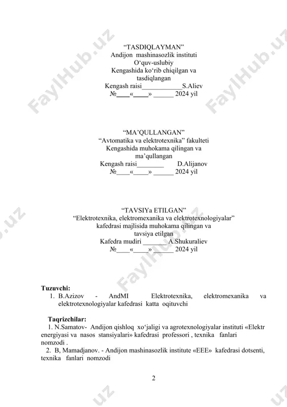 o‘yicha teskari bog‘langan o‘zgartgich — motor tizimi 47 13. o‘zgartgich - motor tizimida tok bo‘yicha teskari bog‘lanish 49 14. o‘zgartgich - motor tizimida tezlik bo‘yicha teskari bog‘lanish 51 1-ma’ruza. kirish. reja 1.bakalavr tayyorlashda o‘quv fanining o‘rni va ahamiyati.fanining maqsadi va vazifalari. fan rivojining tarixi.zamonaviy ishlab chiqarish korxonalarida sifatli maxsulot ishlab chiqarishda emt va komplekslarning tutgan o‘rni. 2.emt va komplekslarga talablarni aniqlash va ish rejimlarini optimal boshqarish. shu sohada o‘zbek olimlarining olib borayotgan ilmiy- tadqiqot ishlari va ularning amaliyotda qo‘llanilishi natijalari. texnologik jarayonlarni jadallashtirish, aniqligini oshirish, texnologiyani takomillashtirish, jarayonlarni energiyani isrof qilmasdan olib borish elektr mexanik tizimlarni (emt) boshqarish va energiya samaradorligini oshirish fanini o‘rni va ahamiyatini belgilab beradi. turli mexanizmlarning samaradorligi va tayyorlanayotgan mahsulotlarning sifatiga qo‘yilayotgan yukori talablar asosan sanoat elektr yuritmalarini avtomatlashtirish asosida ta’minlanishi mumkin. xamma elektr yuritmalarning mashinasozlikda 80%, metallurgiyada 90% dan ortig‘i rele-kontaktor orqali yoki boshqacha aytganda elektromexanik ravishda boshqariladi. "elektr mexanik tizimlarni boshqarish va energiya samaradorligini …