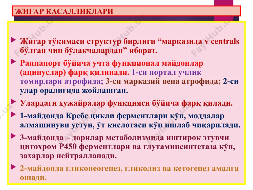 к цирроз сабаблари: сурункали гепатит, ёғли гепатоз, алкоголли гепатит, токсик гепатит. морфологияси: жигар атрофияланиб кичиклашган, майда бўлакли (1 см), ранги оқ-сариқ, қаттиқ. постнекротик цирроз – йириктугунли, деформацияли сабаблари: ўткир вирусли гепатит, токсик дистрофия морфологияси: деформацияланган, йирик бўлакли (3 см), ранги оч-жигарранг, кулранг. билиар цирроз – бирламчи ва иккиламчи аралаш цирроз сабаблари: ўт-тош касаллиги, ўсмалар, чандиқлар морфологияси: катталашган, тўқ яшил, аралаш тугунли жигар циррози асоратлари 1) жигар комаси, энцефалопатия. 2) қизилўнгач ва меъда шиллиқ ости веналари варикоз кенгайиши ва қон кетиши, ўткир постгеморрагик анемия, геморрагик шок. 3) асцит, унинг перитонитга ўтиши. 4) дарвоза венасининг тромбози. 5) циррознинг ракга малигнизацияланиши. жигарнинг бирламчи раки жигар раки олди жараёнлари: вирусли гепатит с, цирроз, алкоголизм, описторхоз. макроскопик турлари: 1) тугунли, массив, уницентрик рак; 2) кўп тугунли, мультицентрик рак; 3) диффуз рак – “цирроз-рак” микроскопик турлари: 1) гепатоцеллюляр – жигар ҳужайрали рак; 2) холангиоцеллюляр – ўт йўли эпителийси раки; 3) гепато-холангиоцеллюляр – аралаш ҳужайрали рак. метастазланиши: …