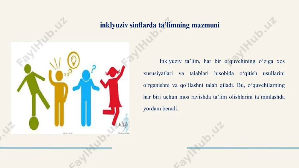 hisi har doim alohida ta’lim ehtiyojli o‘quvchilar va ularning ota-onalari bilan muloqotda bo‘lishadi. ushbu muloqot uchun ba’zi tavsiyalar: ota-onalarga bolaning milliy ta’lim dasturida qanday va qay darajada ishtirok etishini o‘rgatish (asosan yakka mashg‘ulotlarda); ota-onalarga tarbiya dasturlari va qo‘llabquvvatlash guruhlariga kirish huquqini berish (sinf va maktab yig‘ilishida qatnashishini ta’minlash va ularni jalb qilish); ota-onalar bilan aloqa bog‘lash ya’ni: telefon yoki yozma aloqa bog‘lash, ularni qo‘llab-quvvatlash guruhi yig‘ilishlari to‘g‘risida xabardor qilish; qo‘llab-quvvatlash guruhi yig‘ilishlarida muhokama qilinadigan va ishtirok etadigan mavzular bo‘yicha ota-onalarga maslahatlar berish; yig‘ilish oldidan ota-onalarga tanishish uchun uyga maqsad va vazifalarning taxminiy loyihasini yuborish; maktab vakili ota-onalarni kutib olishi, ularni konferensiya zaliga olib borishi va mavzu yuzasidan tanishtirishi kerak; ota-onalarning jamoa yig‘ilishida qulay bo‘lishini ta’minlash (zerikarli va ota-onalar tushunmaydigan bo‘lmasligi kerak); maxsus o‘qituvchi: butun ta’lim jarayonida korreksion rivojlantiruvchi faoliyat olib boradi. sinf o‘qituvchisi tomonidan o‘tilgan mavzuni mustahkamlaydi va yangi mavzu yuzasidan alohida ehtiyojli o‘quvchiga individual tarzda tushuntirib beradi. o‘quvchilarning kuchli …