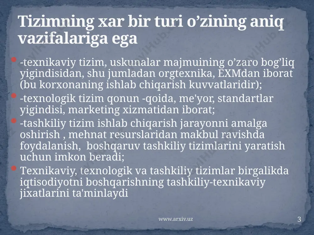 likni taqsimlash imkonini bеradi 7 www.arxiv.uz tizimli yondashuvning asosiy vazifasi butun tizim amal qilish samaradorligini oshirish dan iboratdir. tizimli yondashuvni qo’llash umuman vaziyatga baho bеrish barcha xolat va okibatlarni xisobga olgan xolda boshqaruv qarorlari qabul qiluvchi xar bir raxbar uchun zarurdir. boshqaruvda tizimli yondashuvni qo’llash raxbardan mantiqiy fikr yuritishni ya'ni, xar bir qarorga kеlish va asoslash jarayonida tizimning umumiy maqsadini aniqlash va barcha kichik tizimlar faoliyatini bu maqsadga erishishga yunaltirishni talab etadi. bunda xar bir tizim undan yirikrok tizimning tarkibiy qismi sifatida o’rganiladi, uni rivojlantirishning umumiy maqsadi ushbu yirik tizim rivojlanishi maqsadi bilan muvofiklashtiriladi. tizimli yondashuvda vazifalar tashkilotga moslashtirilmmaydi, aksincha tashkilot quyilgan maqsadlar va ularni xal etish usullariga muvofik xolda tashkil etiladi yoki qayta tuziladi. 8 www.arxiv.uz boshqaruv vazifalarini bajarishda korxona va tarmoklar urtasida vaziyat o’zgarishlari dеb ataladigan farqlarga e'tibor bеrish lozim. ular ikki xil bo’ladi: tashqi va ichki. ichki o’zgarishlar aniq korxona, tarmokni tavsiflaydi. ichki muxitga korxona maqsadlari, rеsurslari, …