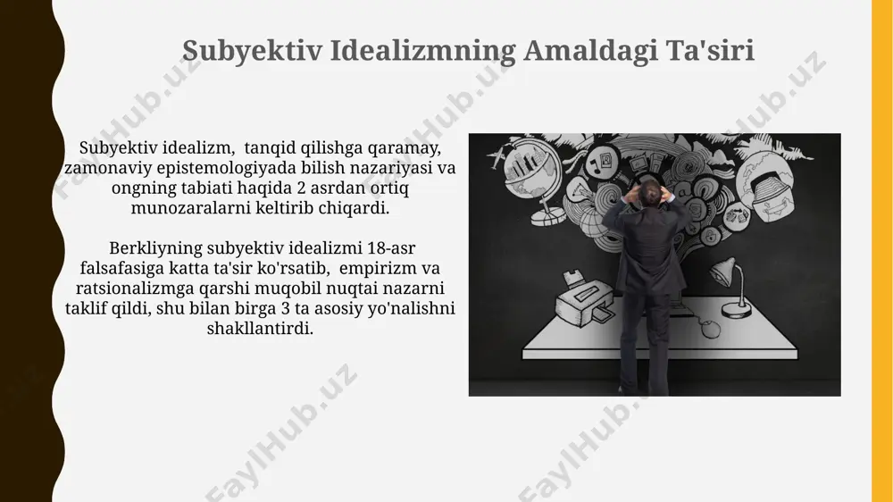 chiqaradi. "bo'lish" degan nima? berkeleyning "esse est percipi" ("bo'lish demak, idrok etilishdir") tamoyili, 18-asr falsafasiga katta ta'sir ko'rsatib, idealizmning rivojlanishiga turtki bo'ldi. "bo'lish" degan tushuncha berkeley falsafasida 2 ta asosiy komponentga ega: idrok etish va xudoning faoliyati. idrok qilinmagan narsaning mavjudligi inkor etiladi. berkliyning subyektiv idealizmi ta'rifi ushbu falsafada 1710-yilda chop etilgan "inson bilimining printsiplari" asarida taʼkidlanganidek, tashqi dunyoning mavjudligi faqatgina xudoning doimiy idroki orqali kafolatlanadi va bu 3-shaxs nuqtai nazaridan koʻrinib turadi. berkliy subyektiv idealizmining asosiy qarama-qarshiliklaridan biri bu uning 2 ta asosiy kategoriyani – mavjudlik va idrokni bir-biriga bogʻlash orqali obyektiv haqiqat tushunchasini rad etishdir, bu esa 18-asr debatizmlari uchun muhim masala edi. e'tiboringiz uchun rahmat @taqdimot_robot image1.jpg image2.jpg image3.jpg image4.jpg image5.jpg image6.jpg image7.jpg image8.jpg image9.jpg image10.jpg image11.jpg image12.jpg
